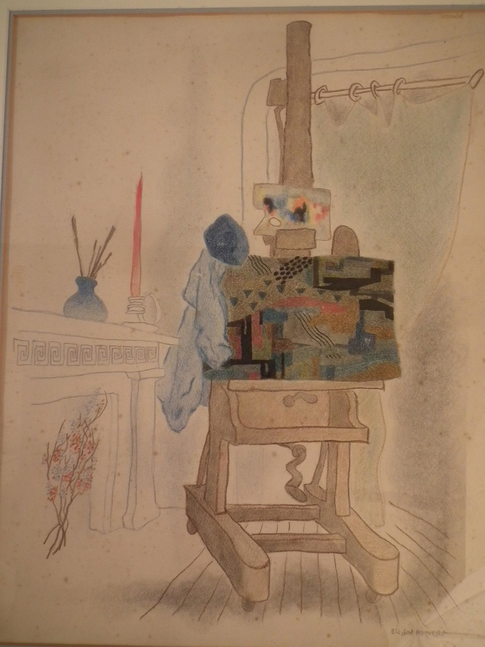 E. HOOVER INTERIOR DRAWING: Colored crayon drawing of interior scene with fireplace and artist easel signed E. Hoover. 16 x 12.5 inches, framed 22 x 18.5. (Ellison Hoover 1888-1955 was a NY and Ohio painter and friend of Thomas