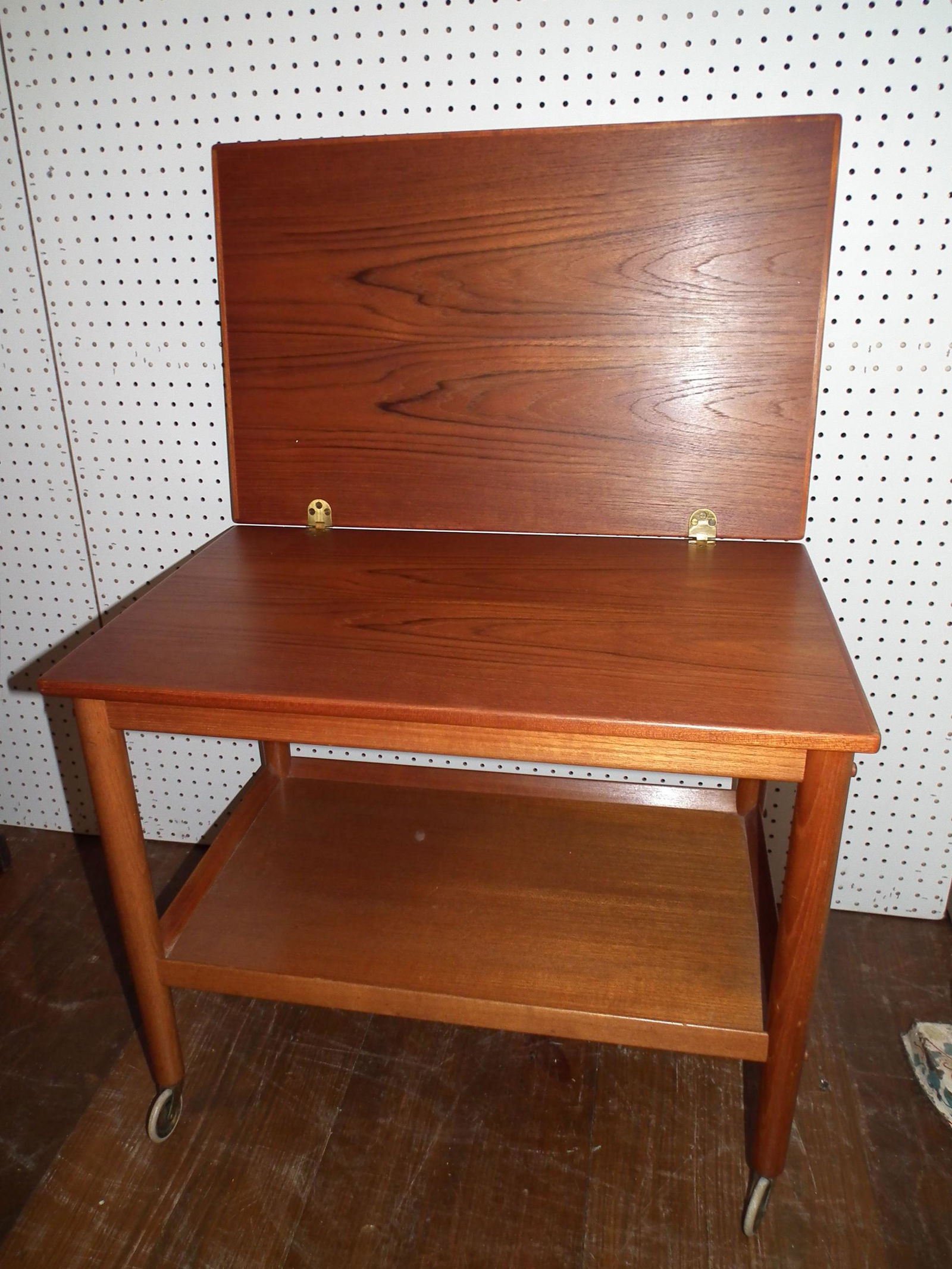 DANISH TEA WAGON: Mid century teakwood folding and swivel top occasional table / card table signed Made in Denmark P. Jeppesen, Grete Jalk design. Closed size 28 x 17 inches, 23 in high