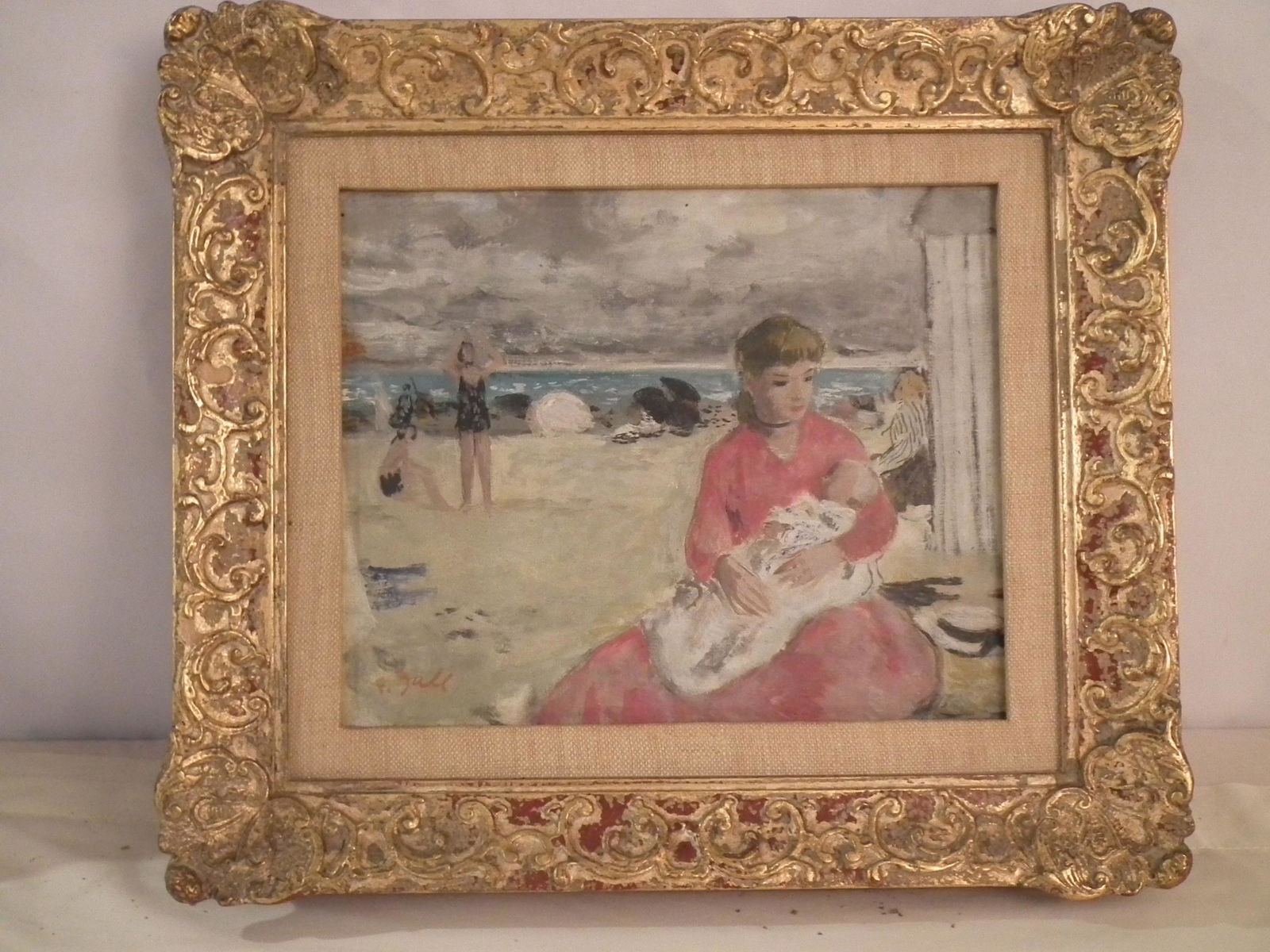 F. GALL BEACH SCENE PAINTING: Oil on masonite painting of a beach scene with mom, child and figures. Signed F. Gall. 8.5 x 10.5, framed 13 x 14.5 inches. (Francois Gall 1912-1987 was a French/Hungarian painter)
