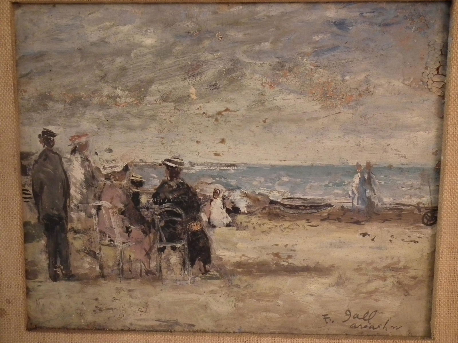 F. GALL BEACH PAINTING: Oil on masonite painting of a beach scene (some crackled paint). 7.5 x 9.5 inches, framed 12 x 14 inches. (Francois Gall 1912-1987 was a French/Hungarian painter)