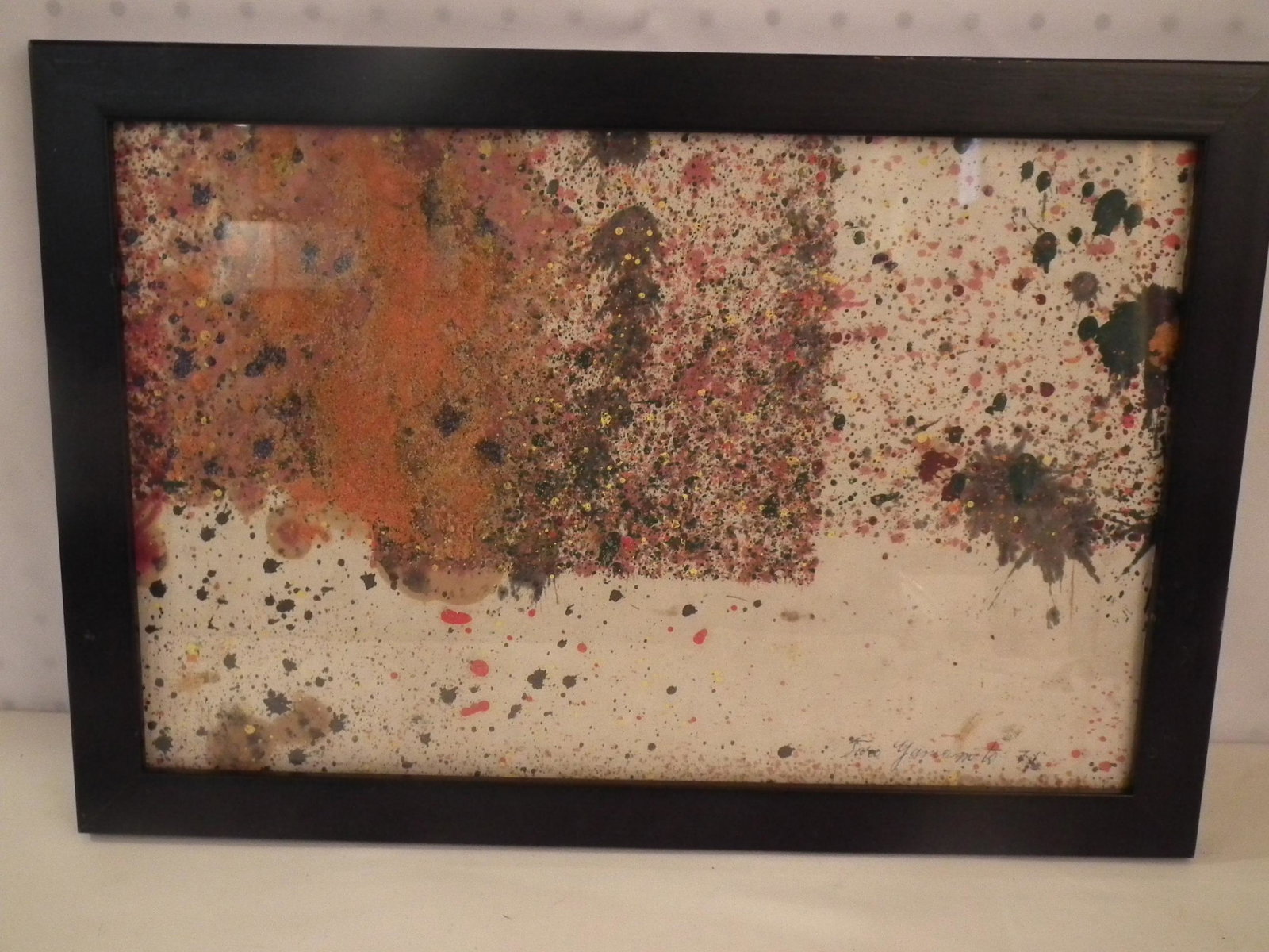 TARO YAMAMOTO PAINTING: Mixed media abstract action art painting with sand signed Taro Yamamoto '71. Size: 10.5 x 16.5, framed 12.5 x 18.5 inches.