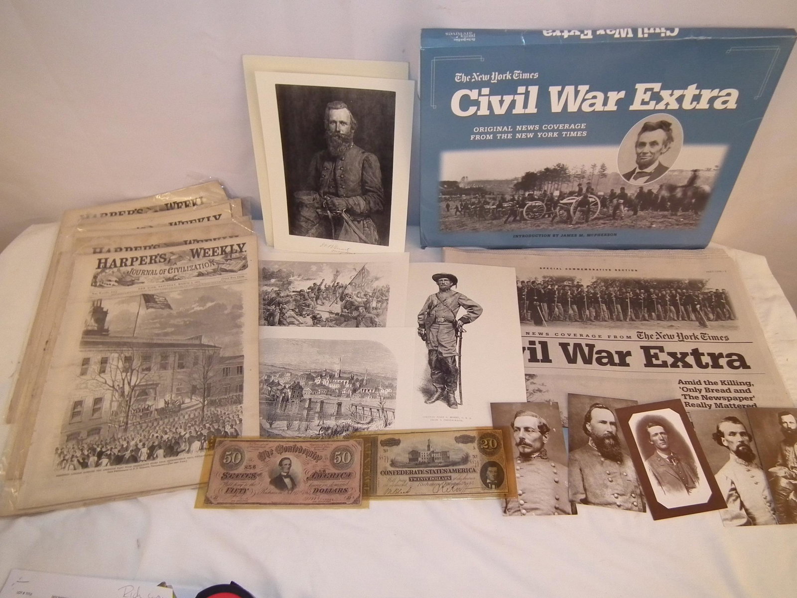 CIVIL WAR EPHEMERA & MONEY: Lot of vintage and earlier Civil War related items including: Authentic $50 and $20 Confederate currency; 7 Harpers Weekly journals from 1861 - 3 copies March 2nd, one copy March 6th, and 3 copies Mar