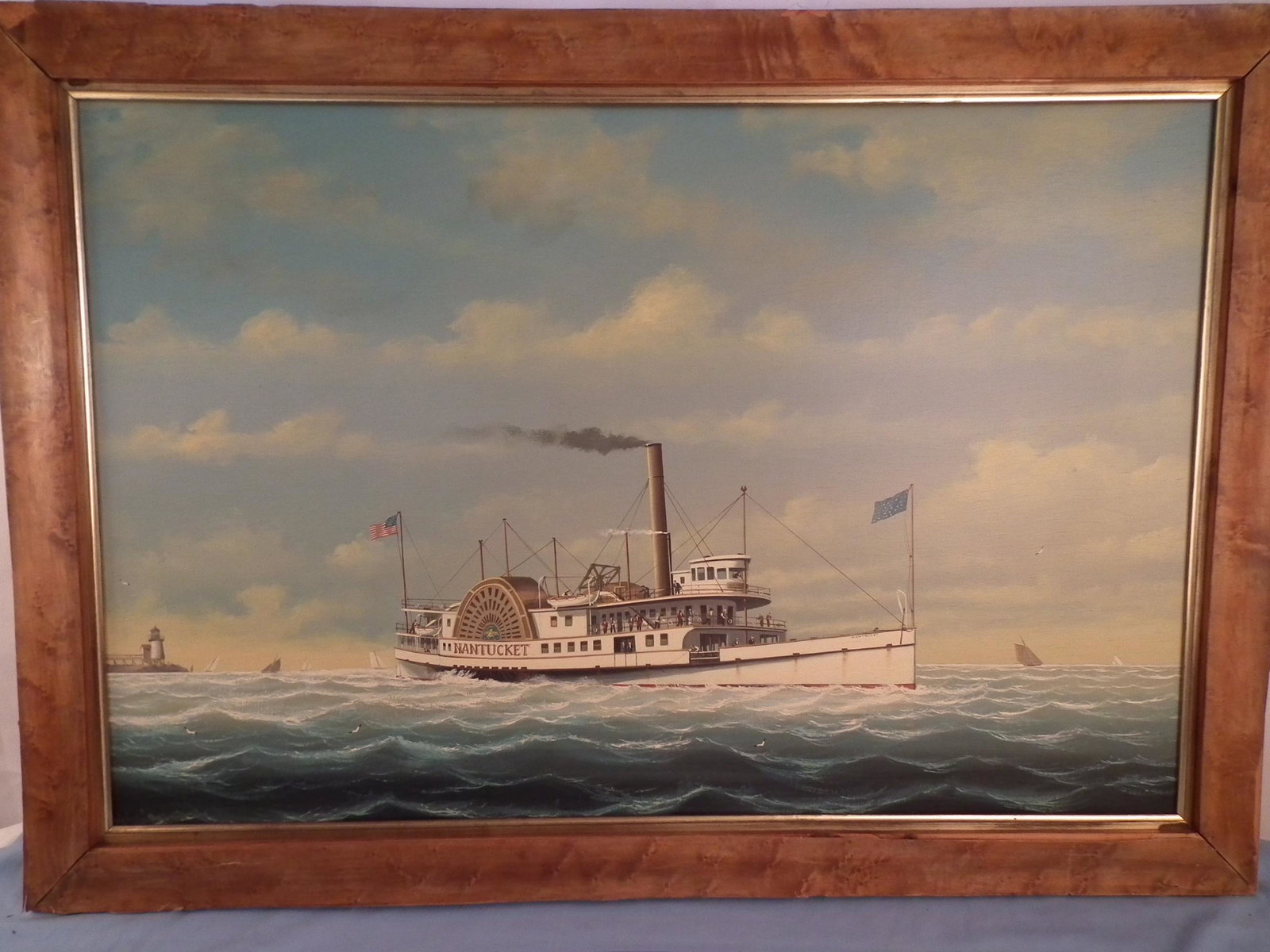 COLACICCO PAINTING SHIPS: Beautiful contemporary oil painting on masonite of a Nantucket steamship near Brant Point in Nantucket. Signed S. Colacicco. Size: 23 x 35 plus 2.5 inch frame. (A marine artist, Salvatore Colacicco wa