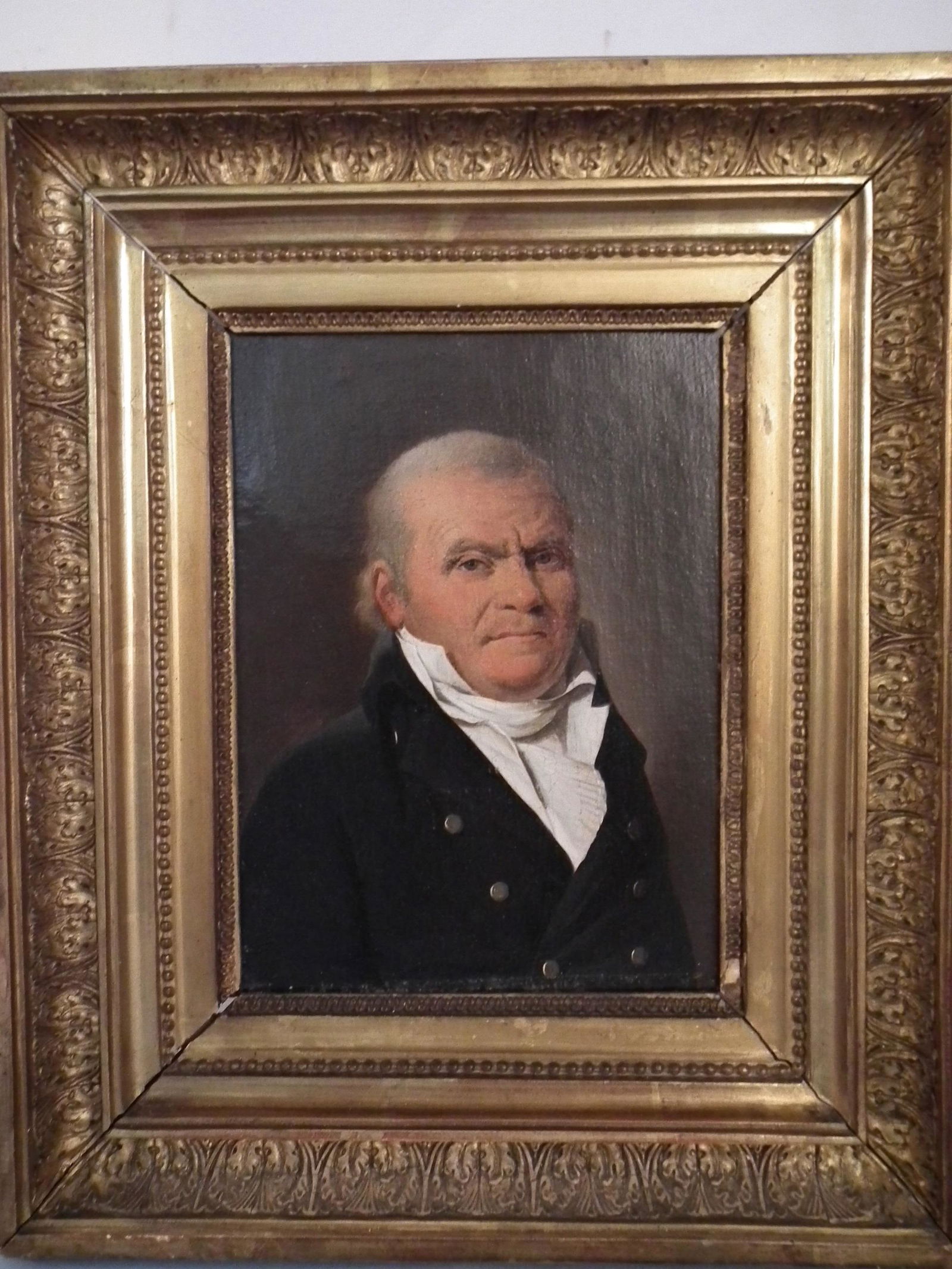 ANTIQUE PORTRAIT OF SEA CAPTAIN ATTR. BOILLY: Antique oil on canvas portrait (relined) of a sea captain wearing a pea coat. Attributed to Boilly (pencil name on back). 9 x 7, framed 13 x 11 inches. (Louis-Leopold Boilly, French 1761-1845 known fo