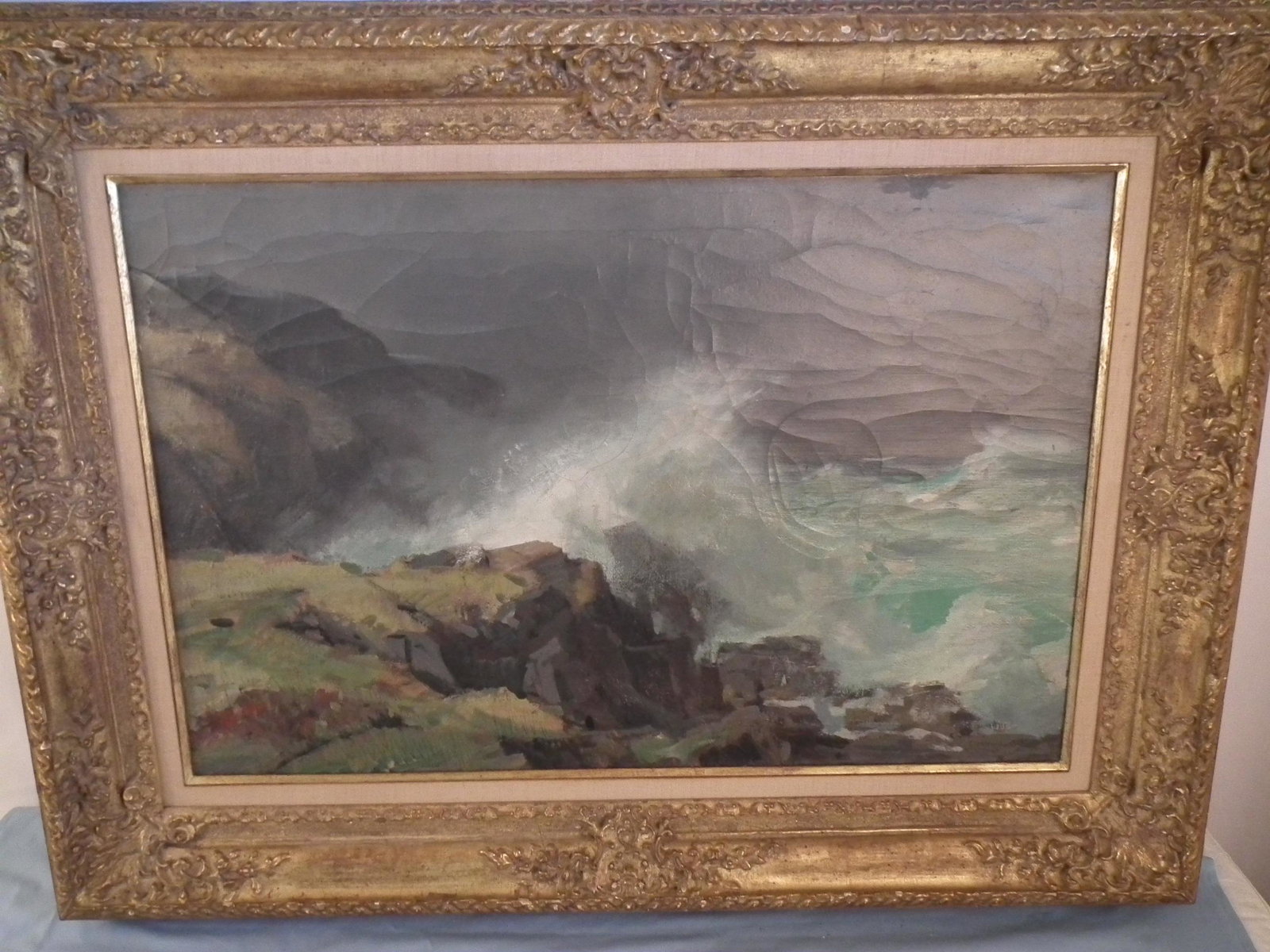 JAY CONNAWAY SEASCAPE PAINTING: Large oil on canvas seascape with waves breaking on rocks signed Connaway '50. Size: 20 x 30 inches, framed 29 x 39. (Jay Hall Connaway 1893-1970 Maine coastal & marine painter)