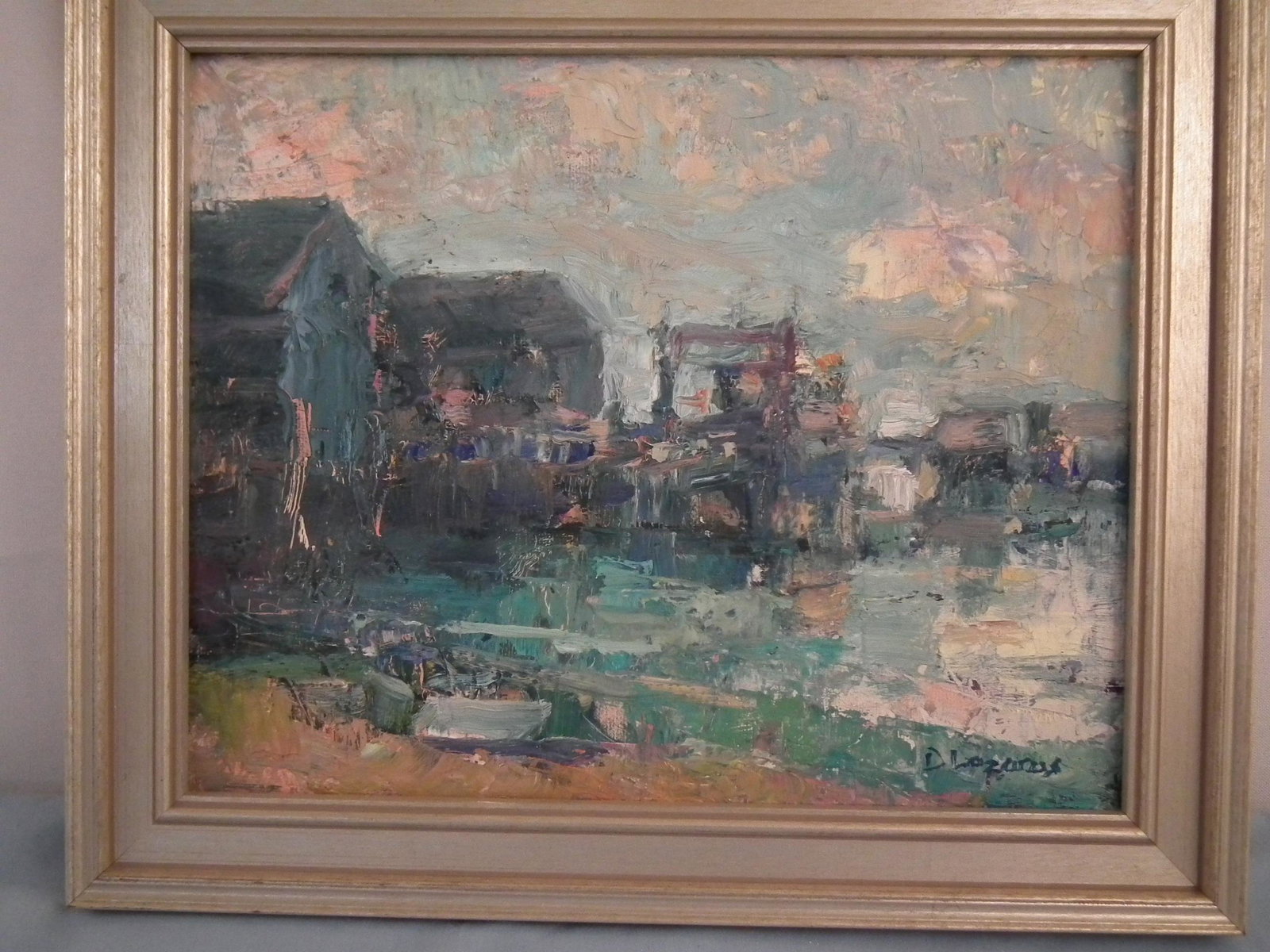 D. LAZARUS NANTUCKET HARBOR PAINTING: Impressionist oil painting on board of Nantucket harbor in green tones signed D. Lazarus. 8 x 10 inches, 10 x 12 framed. (David Lazarus is a noted Nantucket painter, scrimshander, and print maker b. 1