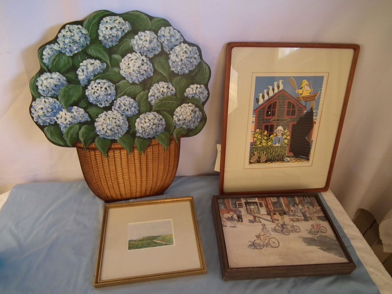4 NANTUCKET ARTWORKS: Lot Nantucket arts and crafts related items including: 24 in high painted wood decorative stand with flowers signed V. Hutton; Donn Russell color lighograph 151/190 titled Family Portrait Nantucket, 1
