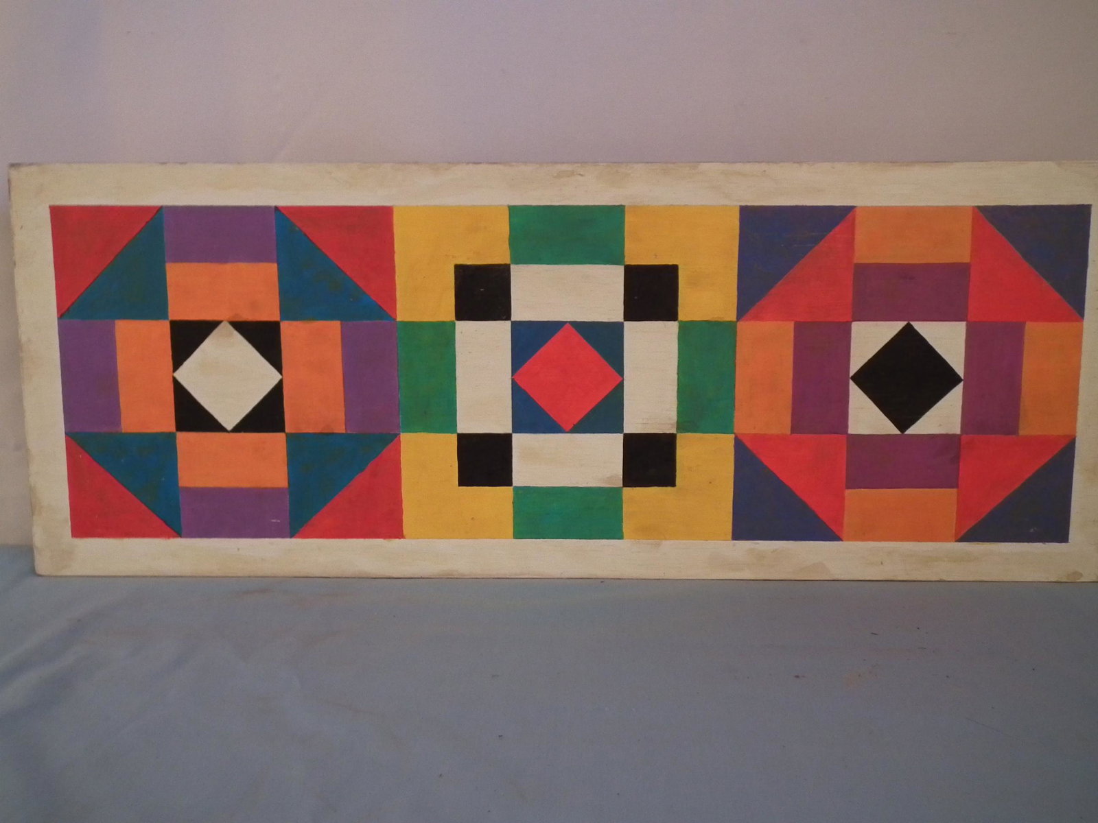 HALEY NY CUBIST PAINTING: Colorful oil cubist oil painting on wood panel titled ZEN signed Haley '62 NY. 10 x 26 inches, unframed.