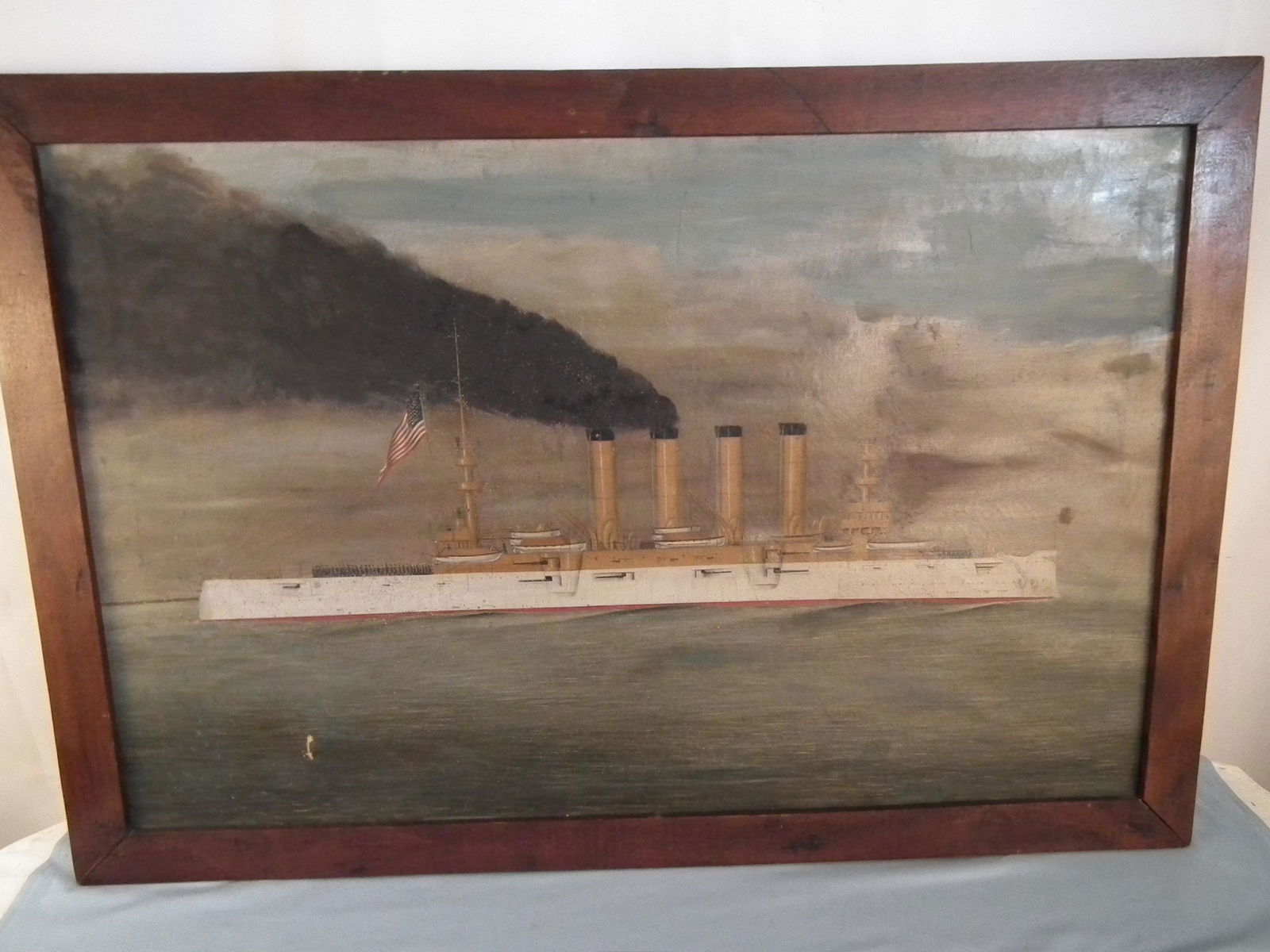 WHORTMANN SHIP CHARLESTON PAINTING: Antique oil portrait of the USS Charleston American steam warship with many sailors on deck signed AA Whortmann. Identified verso. 23 x 36 inches, framed 27 x 40 inches. Scattered inpaint/repairs.