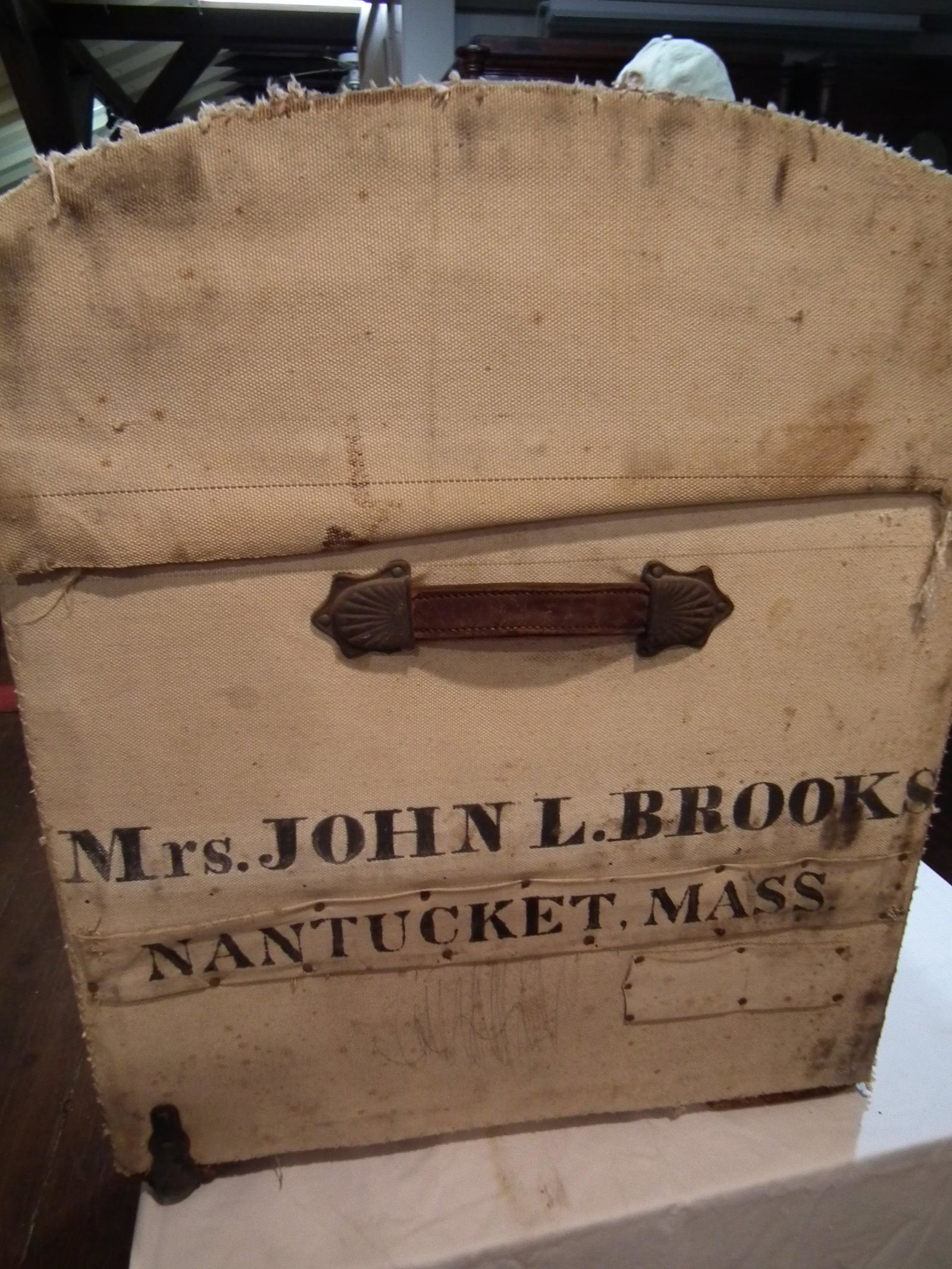 NANTUCKET TRUNK & PHOTO: 19th century canvas covered wood dome top sea captain's trunk from Nantucket with daguerreotype photo of Captain John L. Brooks and his wife, married Feb. 1862. Canvas is stenciled Mrs. John L. Brooks
