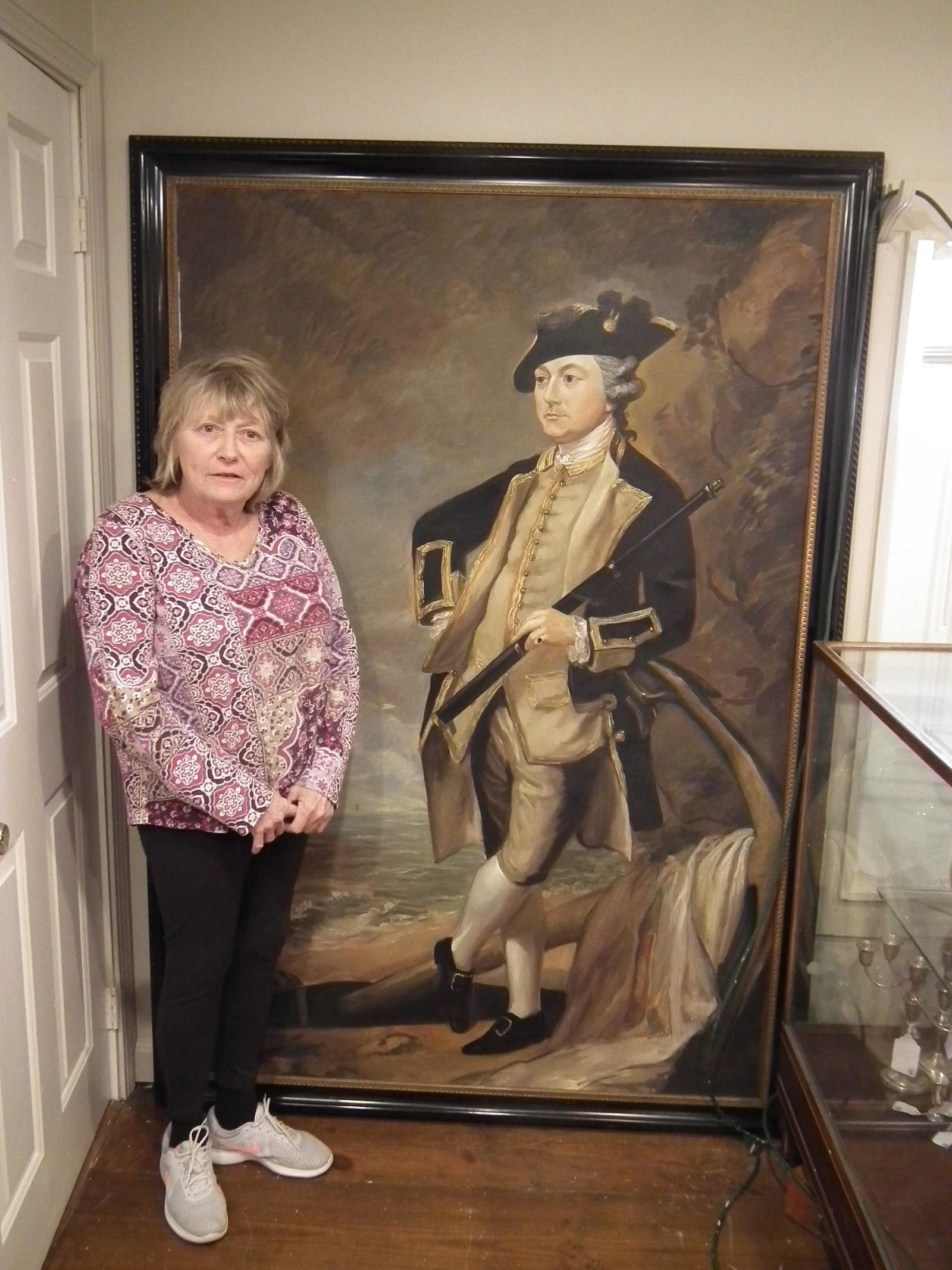 HUGE PAINTING OF SEA CAPTAIN: Very large contemporary oil painting on canvas depicting a sea captain on shore holding telescope. Signed Taylor Galleries, Nantucket, Bruce Taylor, Prop. Was a special commission for a wealthy client