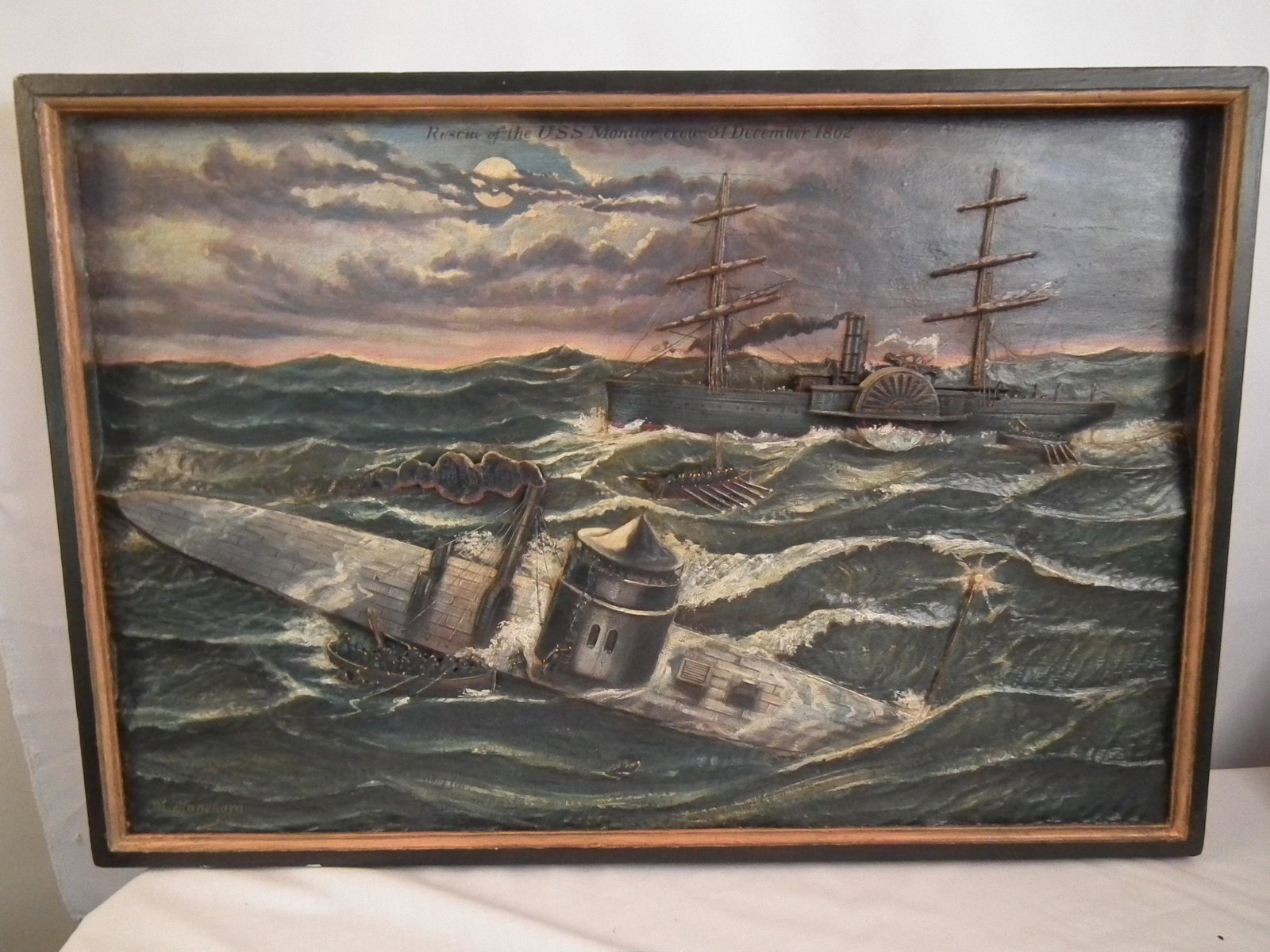 RESCUE OF MONITOR SHIP PLAQUE: Old painted and 3 dimensional wood wall plaque titled RESCUE OF THE US MONITOR CREW 31 DEC. 1862 signed M. Blanchard. 23 x 34.5 inches.