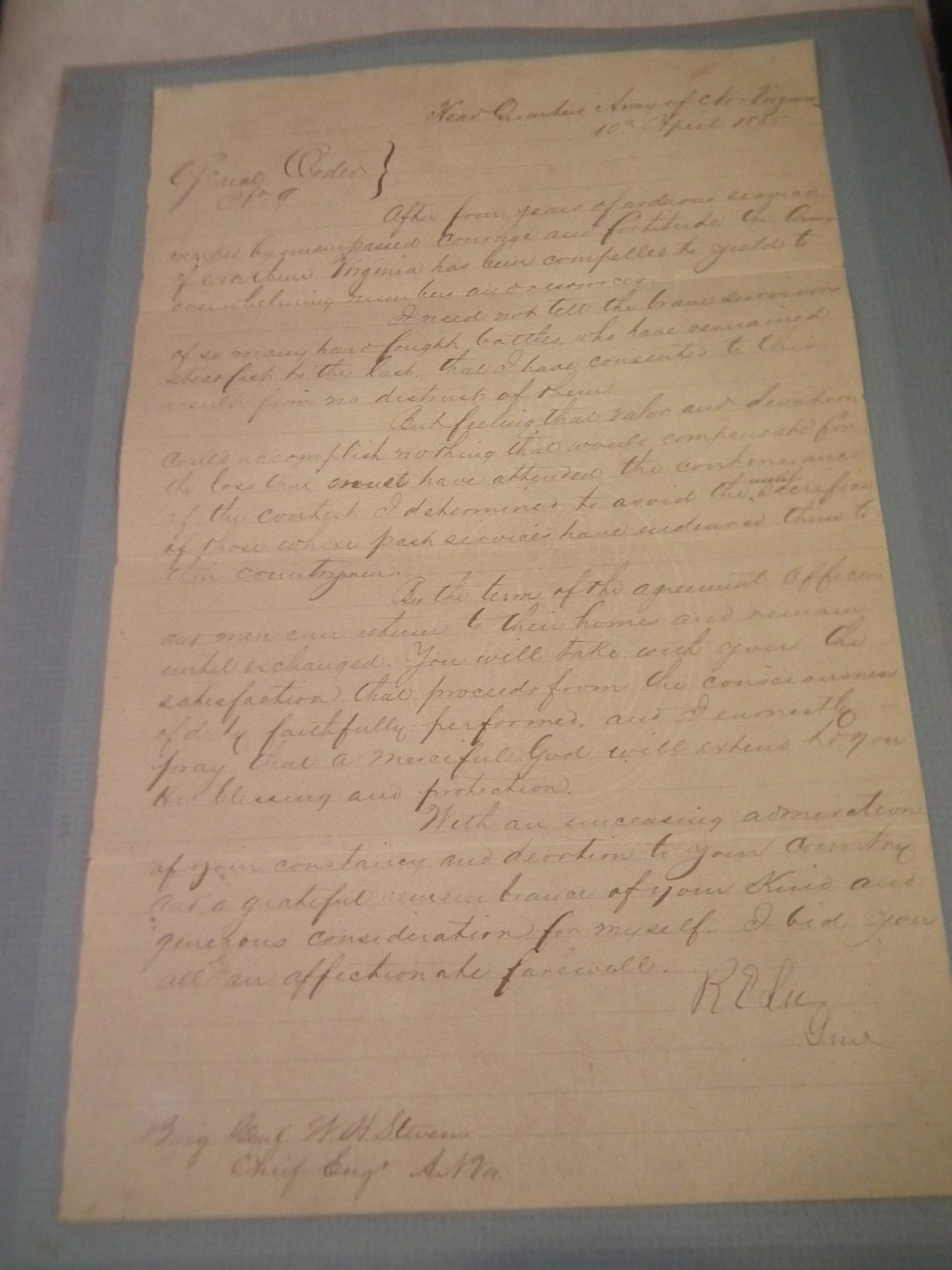ROBERT E LEE LETTER 1865: Vintage facsimile letter, General Orders #9 signed by Confederate General Robert E. Lee to Brigadier General W.H. Stevens, Chief Engineer of the Army of No. Virginia. It is on watermarked paper dated 