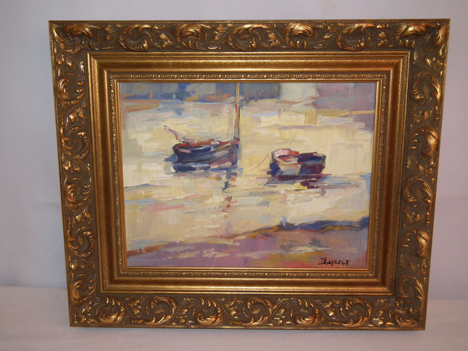 DAVID LAZARUS HARBOR PAINTING: Impressionist oil painting of Nantucket harbor with 3 boats. 11 x 14, framed 16.5 x 19.5 inches, fancy gilt wood mount. (David Lazarus is a noted Nantucket painter, scrimshander, and print maker b. 19