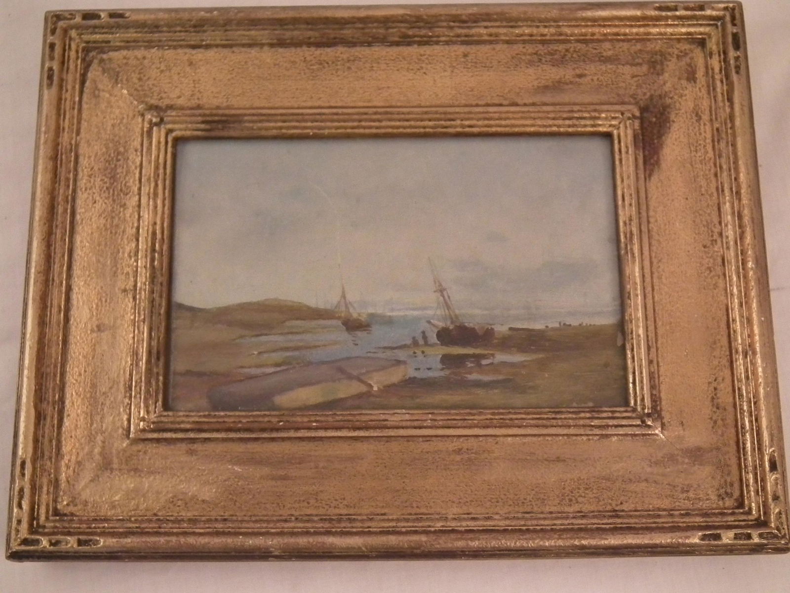 ANTIQUE PAINTING SAILBOATS ON SHORE: 19th century oil sketch on canvas of sailboats on shore, unsigned, 6 x 9 inches, framed 11 x 14.5 inches. Reminiscent of the work of William Bradford from New Bedford.