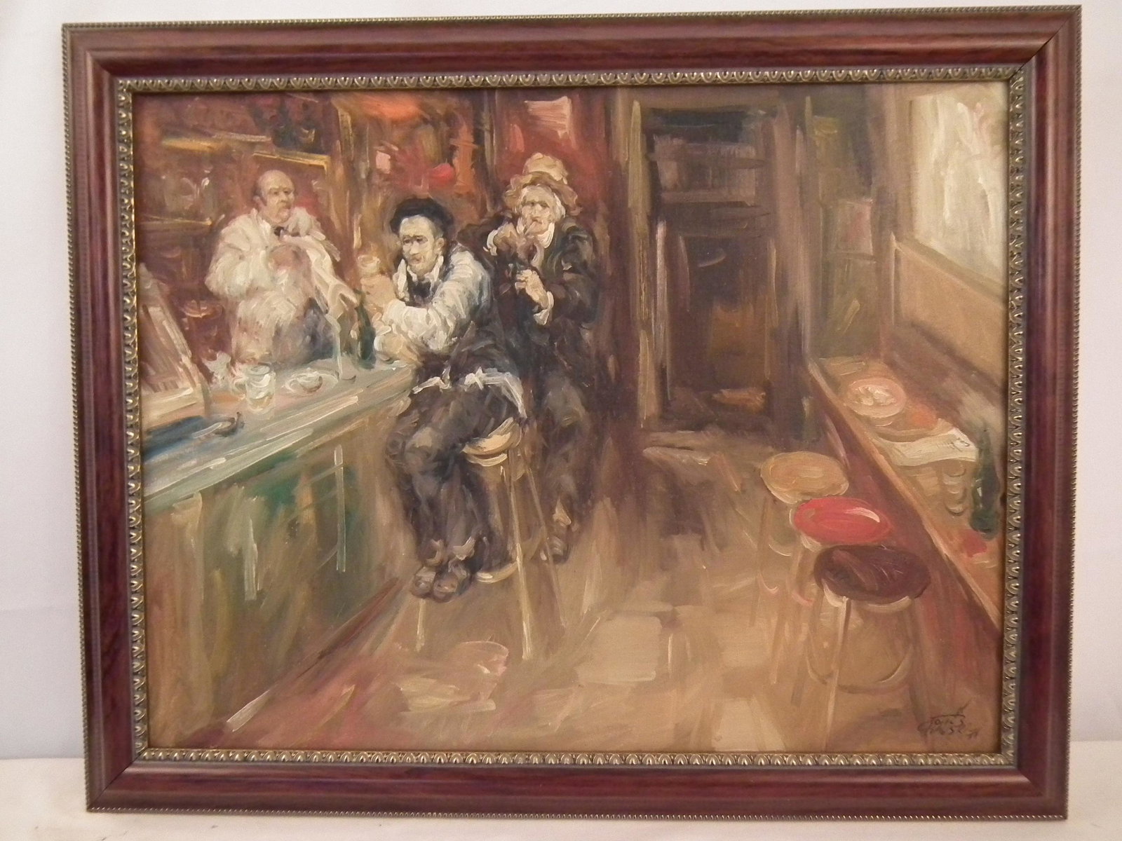 M. CHAUSKI PAINTING BARROOM: Old impressionist oil painting on board of men in a speakeasy or bar signed CHAUSKI 71.19 x 25 inches, framed 23 x 29. (Moshe Chauski b. 1935 Israeli artist)