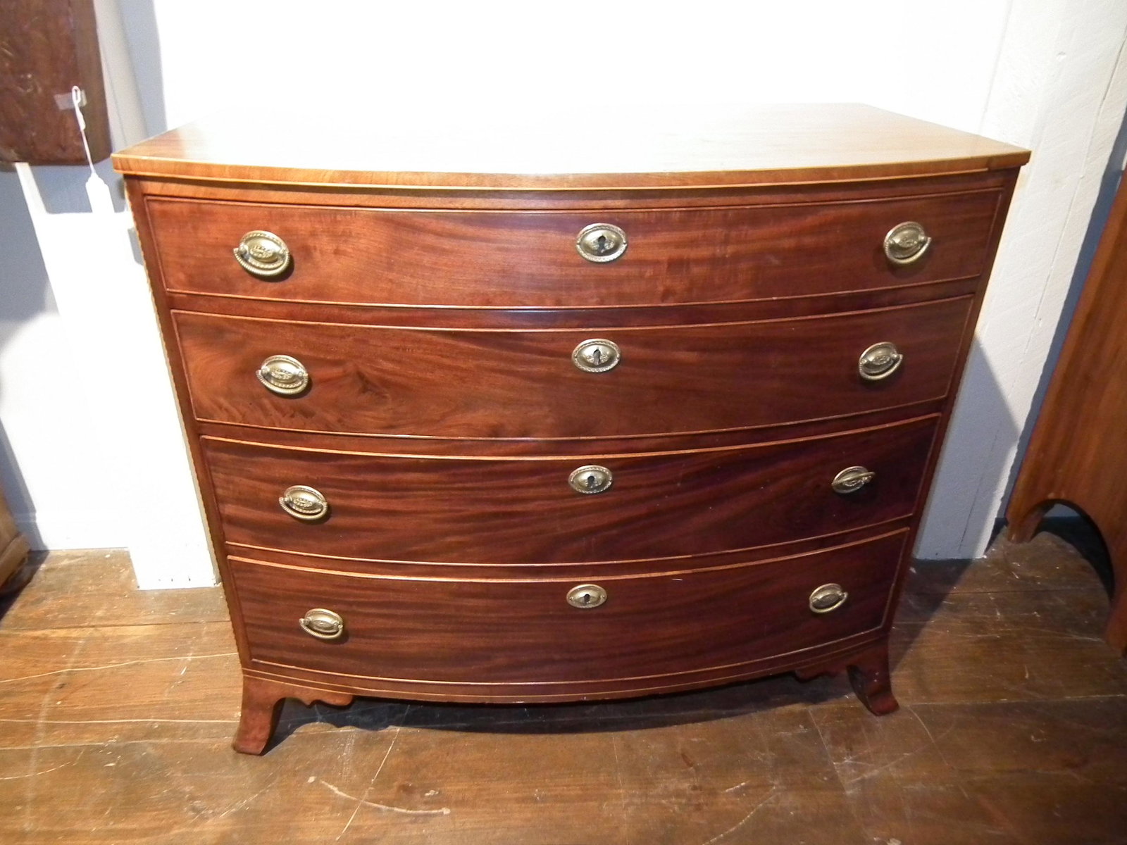 PERIOD BOW FRONT CHEST: Period American Hepplewhite 4 drawer bow front chest with inlay circa 1800. 41 in wide by 36 high and 23 in deep.