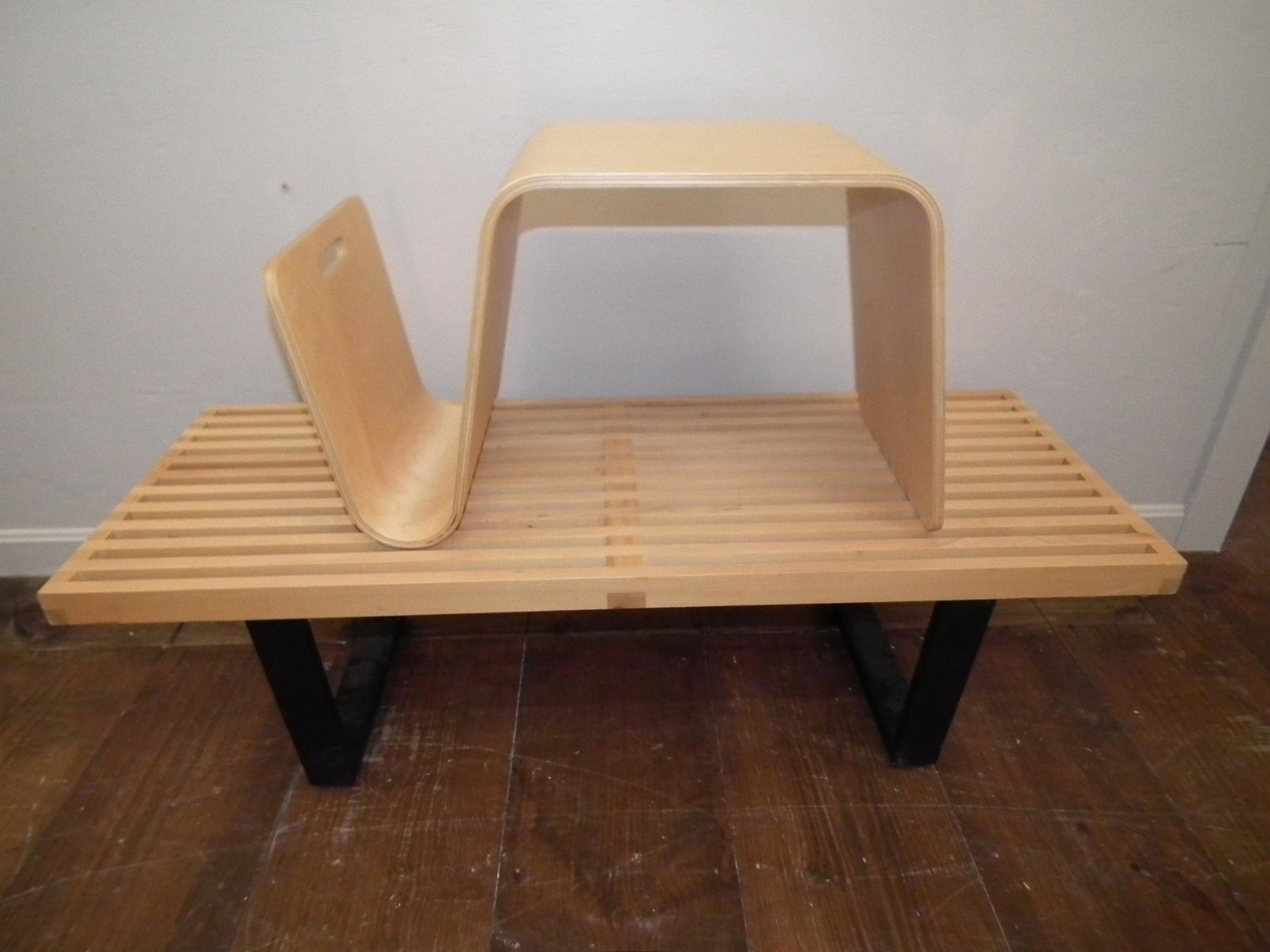 2 MODERNIST BENCHES: 2 modern wood pieces: maple slat bench 48 x 18 x 15 inch; and a signed Offi bentwood magazine rack/bench, 25 wide x 15 in high.