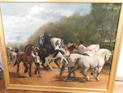 HORSE FAIR PAINTING AFTER BONHEUR: Very large vintage oil painting on canvas of men, horses and a capitol building after Rosa Bonheur's work THE HORSE FAIR. Unsigned. Size: 48 x 60 inches, framed 54 x 66 inches.