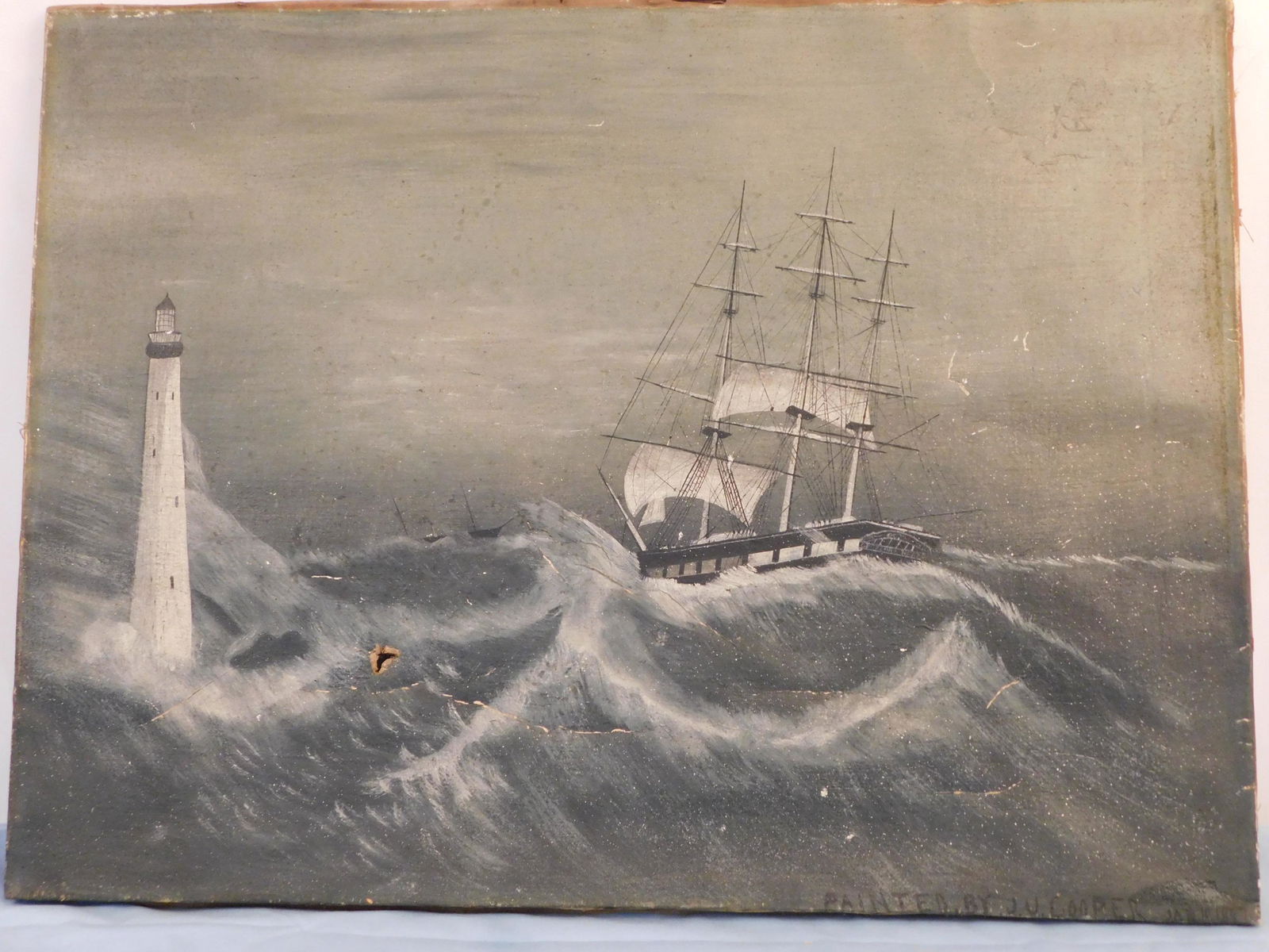 COOPER 1887 MARINE PAINTING - EDDYSTONE LIGHT & SHIP (1 of 4)