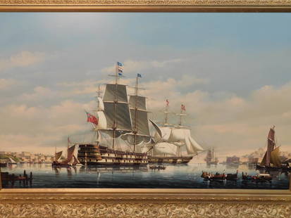 LARGE SALVATORE COLACICCO PAINTING - WARSHIPS IN MALTA: Large vintage oil painting on wood panel of warships in harbor signed Salvatore Colacicco. Identified verso BRITISH MAN O'WAR AT ANCHOR OFF MALTA. Size: 30 x 50 inches, framed 40 x 60 inches. (A marin