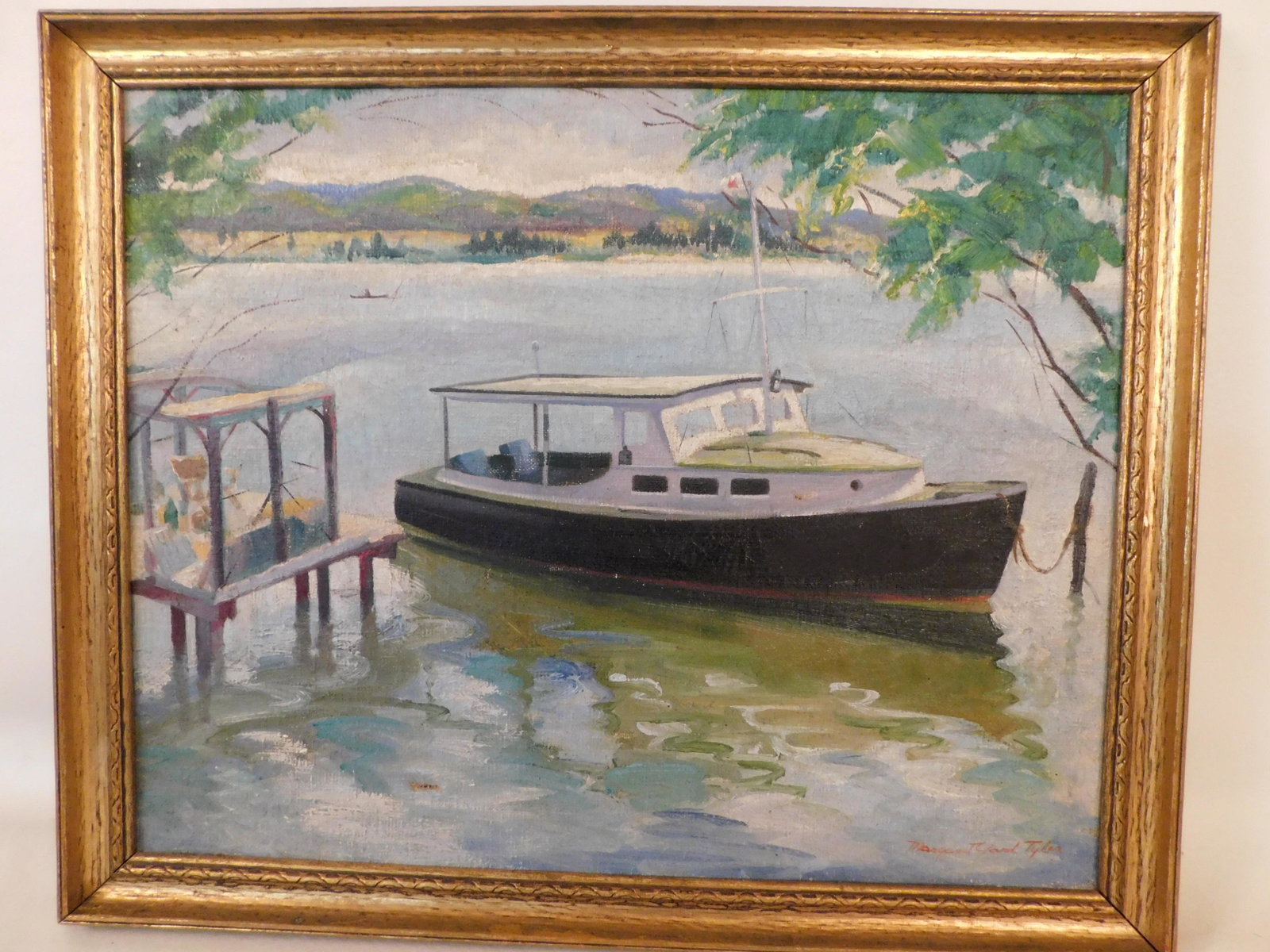 M.Y. TYLER PAINTING OF YACHT: Old oil painting on canvas of a pleasure boat on lake moored near a covered deck signed Margaret Yard Tyler. 16 x 20, framed 18 x 24 inches. (MY Tyler was b. 1903 and painted in the Wash. DC area).
