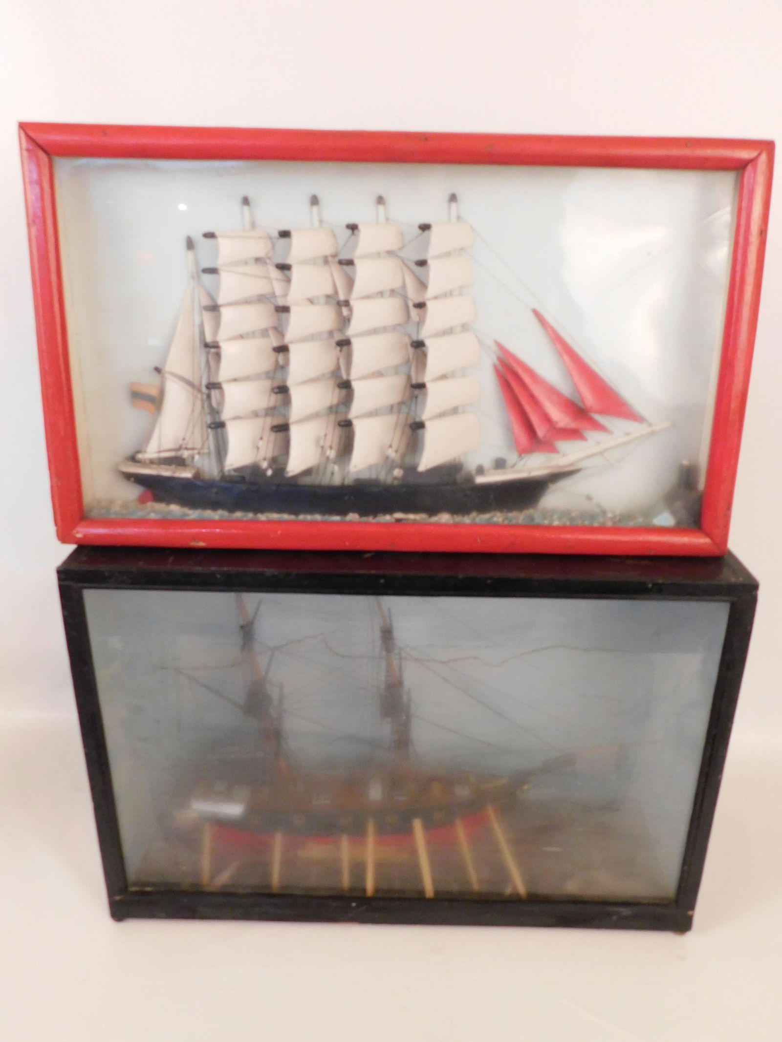 2 SHADOW BOX SHIP MODELS: Lot 2 old shadow box ship models, one of a ship in dry dock (dirty glass), 13 x 20 inches; other of a 5 masted ship 11 x 20.