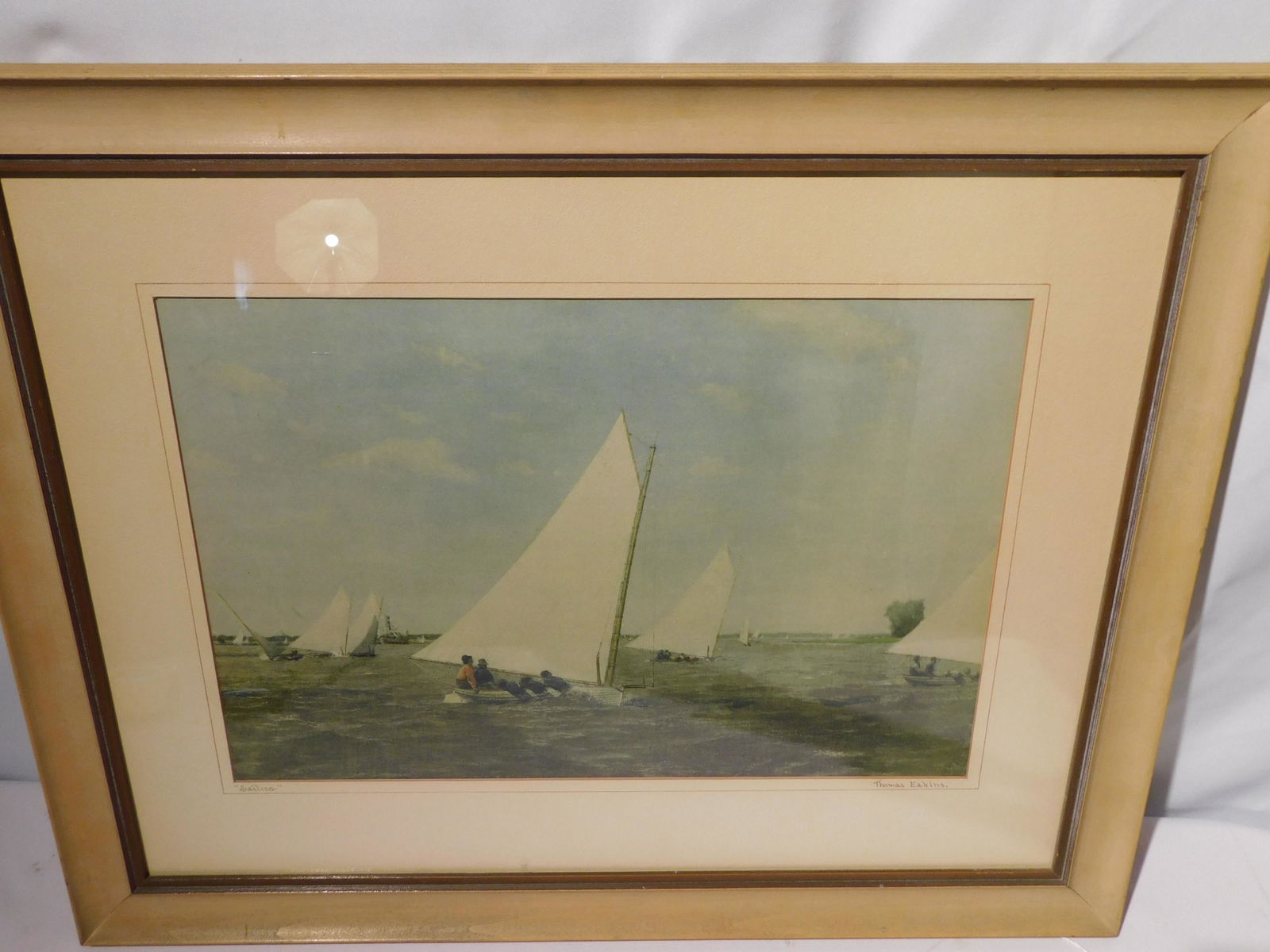 THOMAS EAKINS PRINT OF SAILBOAT: Vintage framed SAILING print by Thomas Eakins from NY Graphic Society and Phila. Museum of Art. #5077. Size: 12 x 18.5, framed 21.5 x 27.5 inches.
