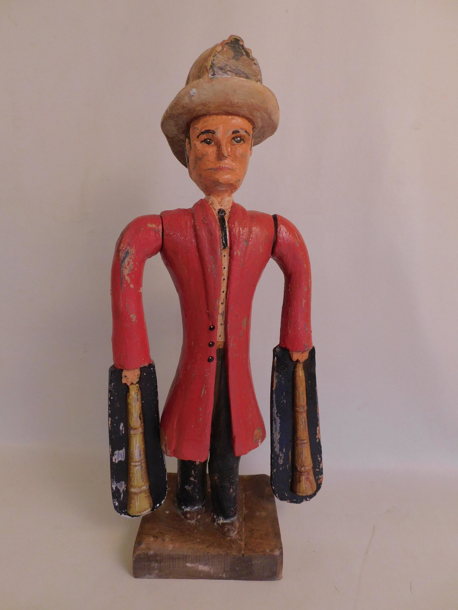 OLD PAINTED WOOD WHIRLIGIG - FIREMAN: Old painted wood whirligig in form of a fireman, 23 in tall. Wear / chips to paint.