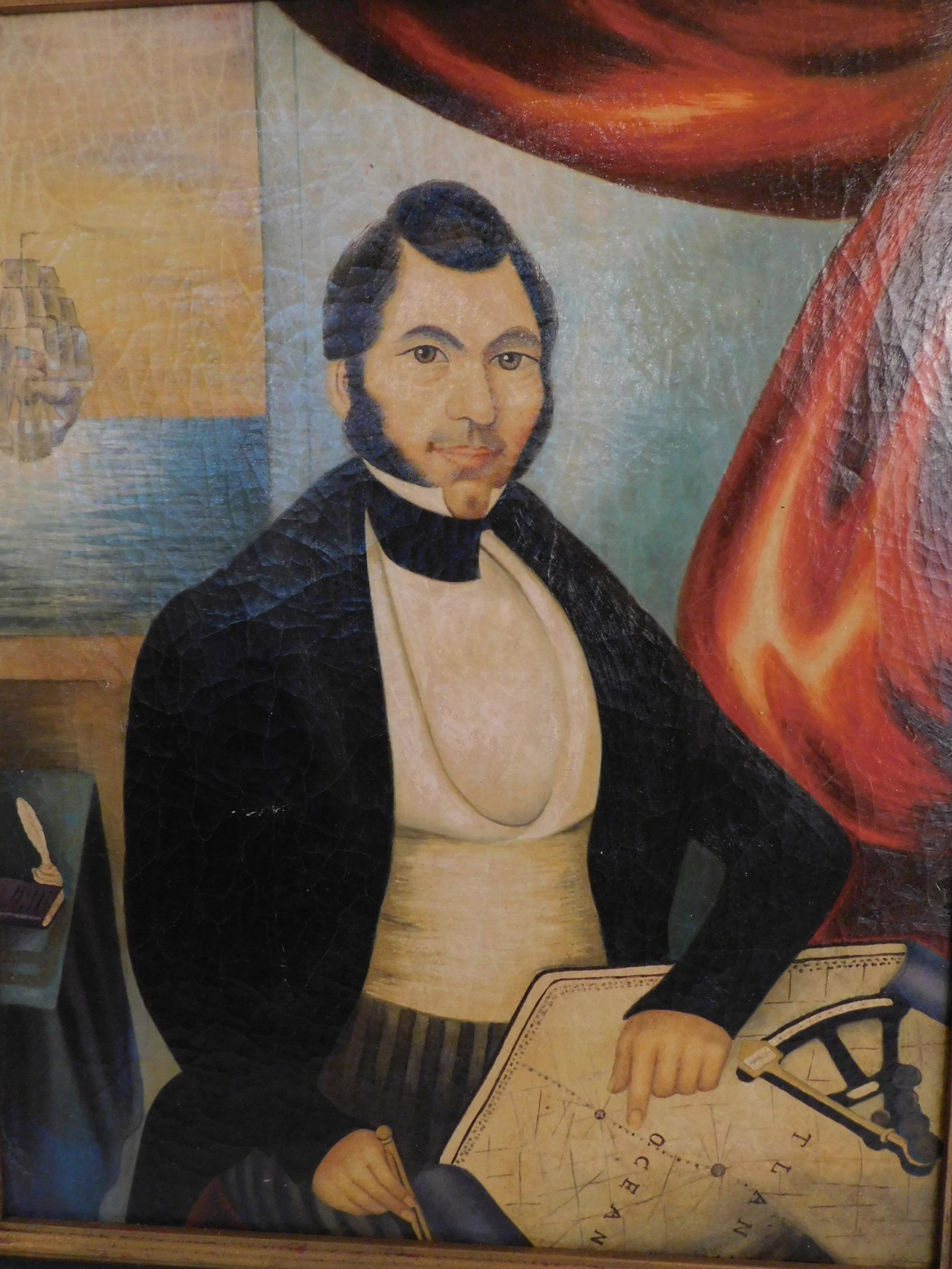OIL PAINTING PORTRAIT OF A SHIP CAPTAIN: Old oil painting (20th century) depicting a ship captain by open window with sextant and map on table, unsigned. 30 x 24, framed 36 x 30 inches.