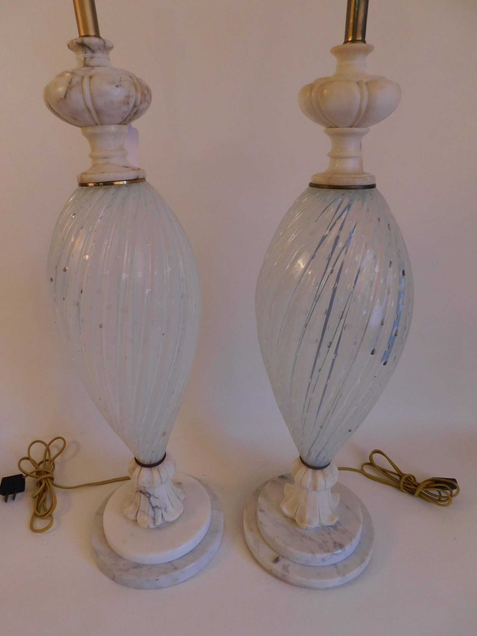 PAIR ITALIAN OPAL GLASS & MARBLE LAMPS: Pr of large old Italian opalescent art glass electric table lamps with marble mounts, possibly Murano. Base is 24 in, overall 31 inches tall.