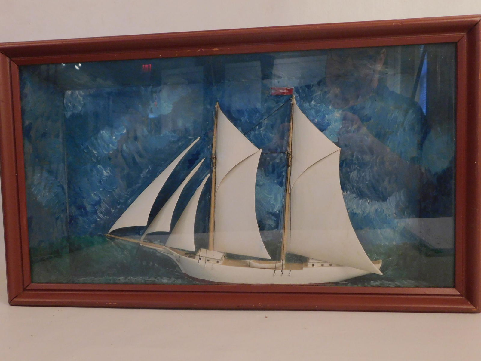SHADOW BOX SHIP MODEL: Old shadow box model of a white yacht. 14 x 24 inches.