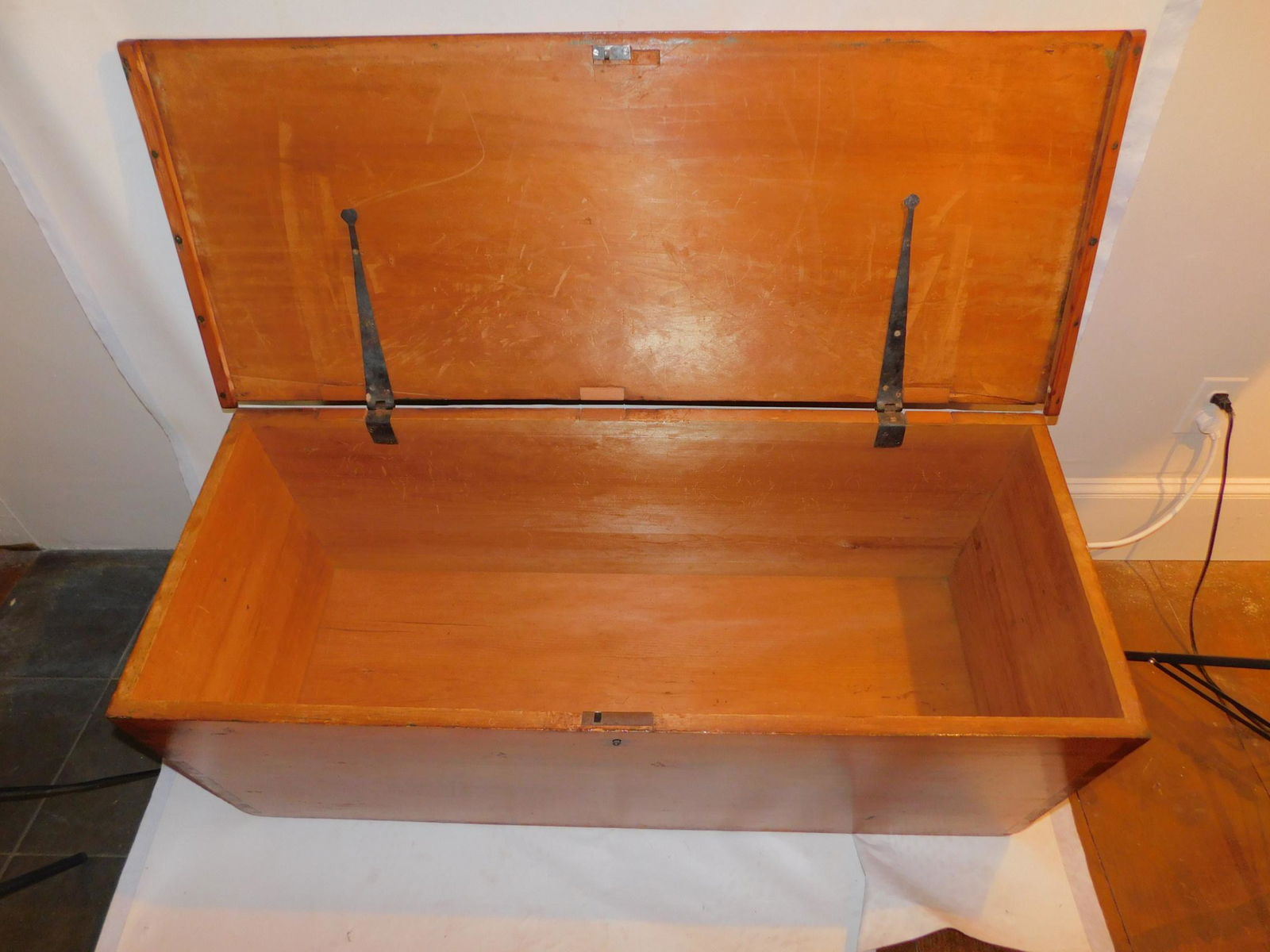 ANTIQUE PINE SEA CHEST: Refinished antique pine sea chest with rope handles, 46 x 18 x 18 inches.