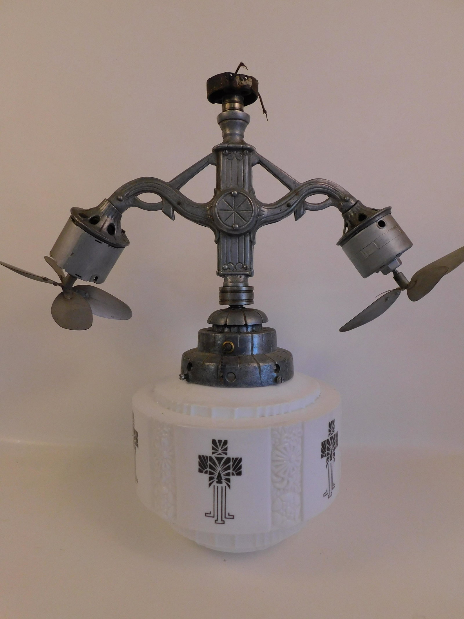 ART DECO GYRO CEILING LAMP & FANS: Rare Art Deco period aluminum ceiling fixture with double fans and white glass stepped shade with floral design circa 1910. Electric fixture stamped PAT. PENDING. Size: 27 in wide x 16 in high, shade 