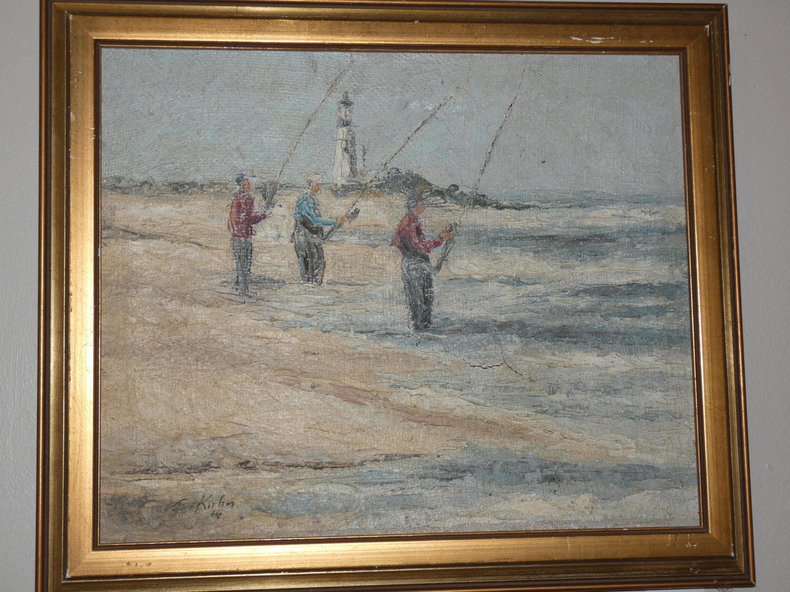 IMPRESSIONIST PAINTING OF FISHERMEN SIGNED KUHN: Old oil painting on canvas, impressionist scene of 3 men surf casting on beach with lighthouse. Signed --KUHN. 14 x 18 inches plus frame. Needs cleaning, minor repair.