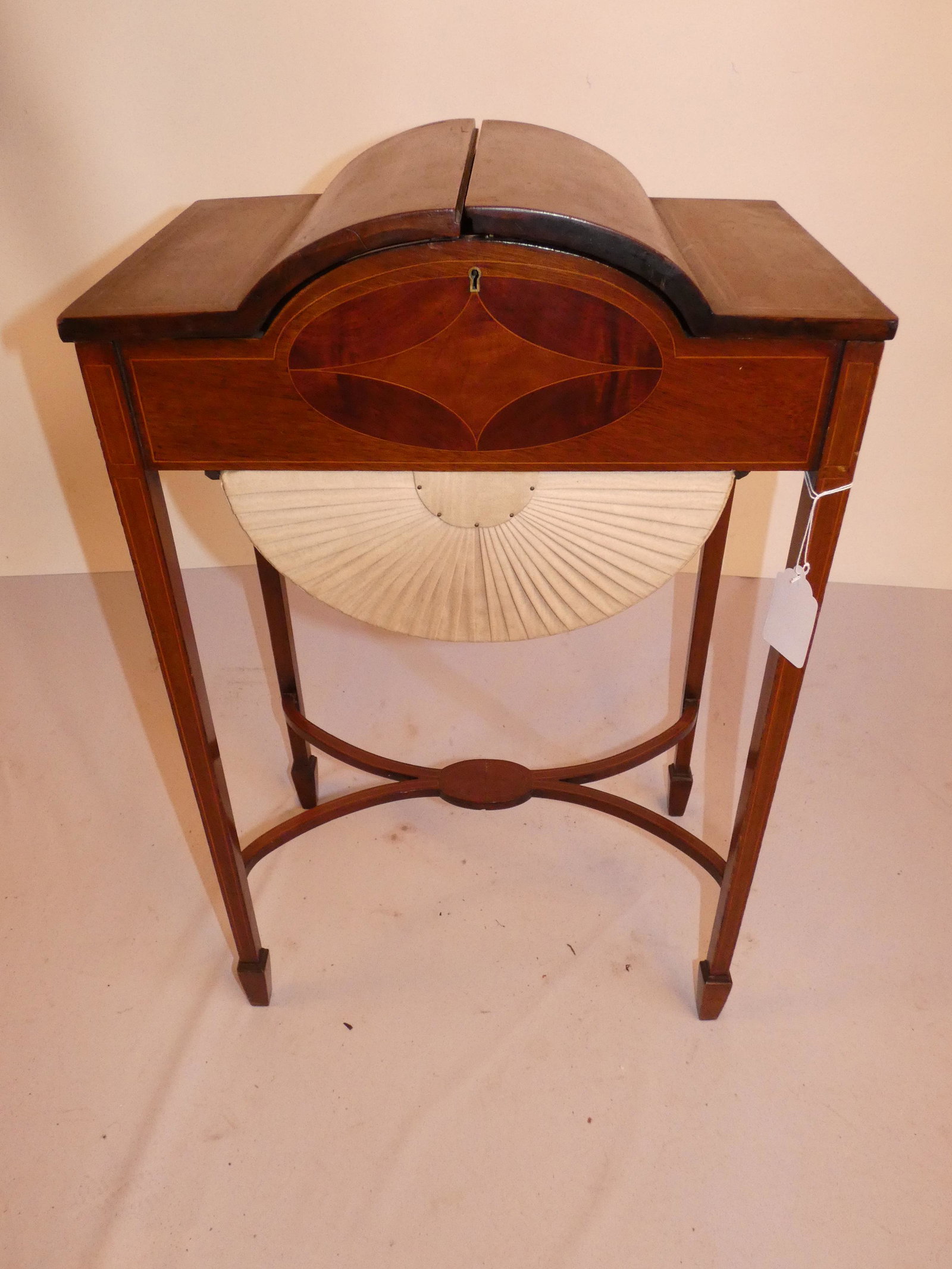 HEPPLEWHITE SEWING STAND: Custom mahogany lift top sewing stand with fitted interior drawer and band inlay. 30 in high x 19 x 12.