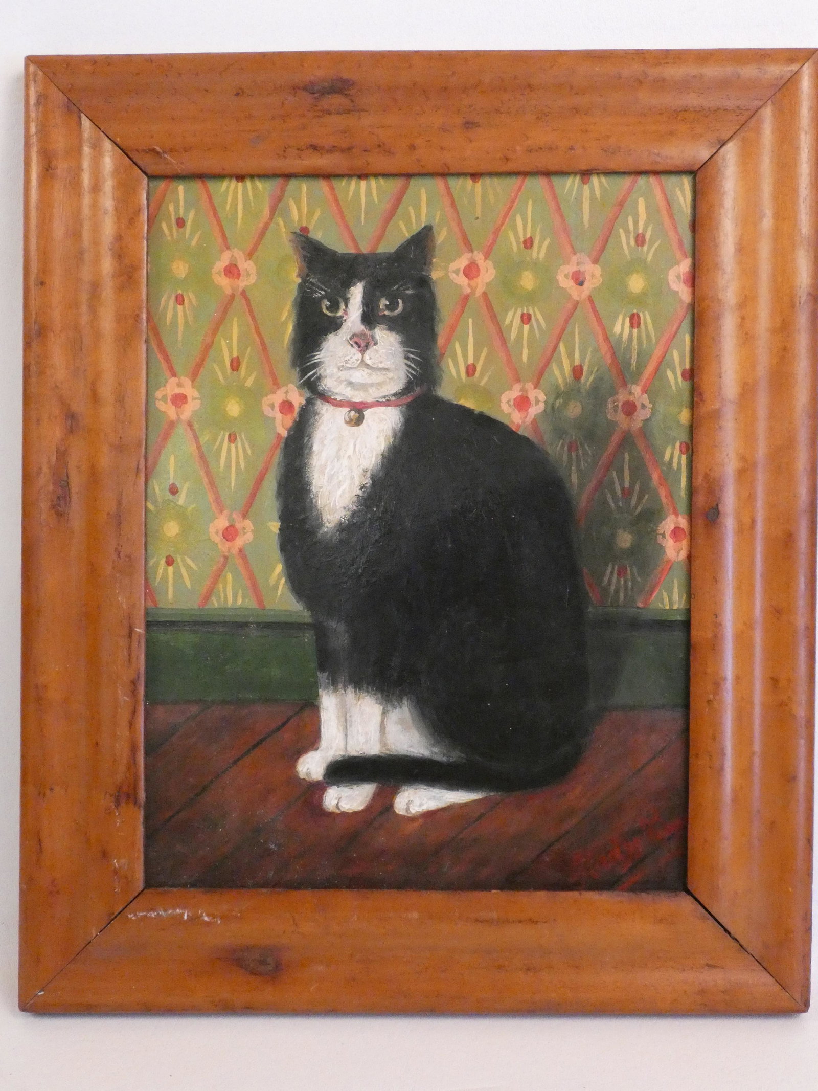 FOLK ART PAINTING OF CAT: Vintage folk art oil painting on board of a seated cat signed Glady P---? 13.5 x 11 inches, framed 18 x 15.