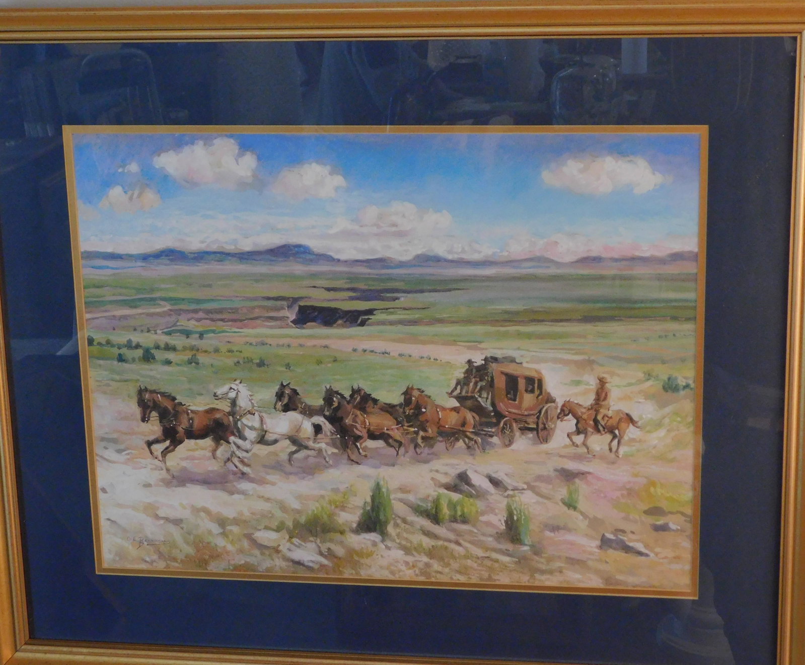 OE BERNINGHAUS WESTERN PAINTING: Fine gouache painting of a western scene with cowboys and horse drawn wagon signed OE Berninghaus. 16 x 21 inches, framed 25 x 30. This is a very similar work to OVERLAND MAIL 1946 sold by Christies i
