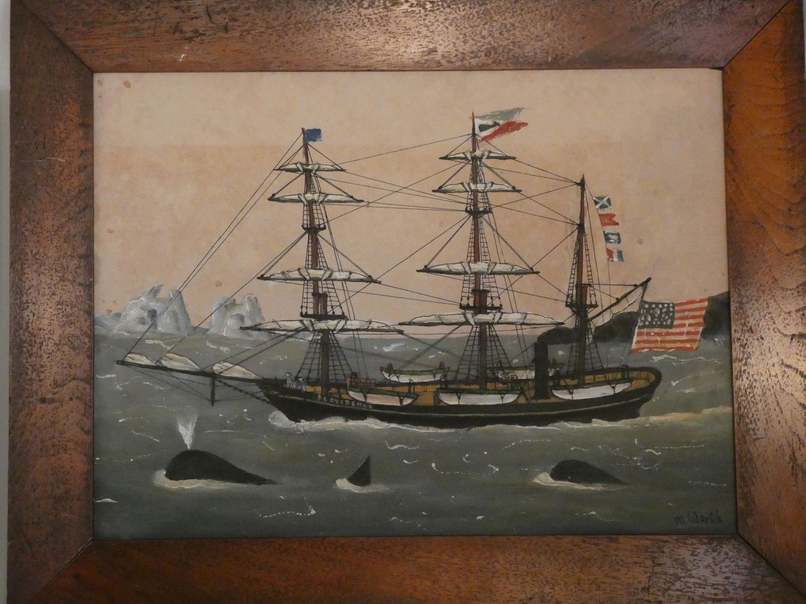 VINTAGE ARCTIC WHALING PAINTING: Vintage oil painting on board depicting an American whaling ship in the Arctic with several whales signed M. Worth. 12 x 16 inches, framed 16 x 20.