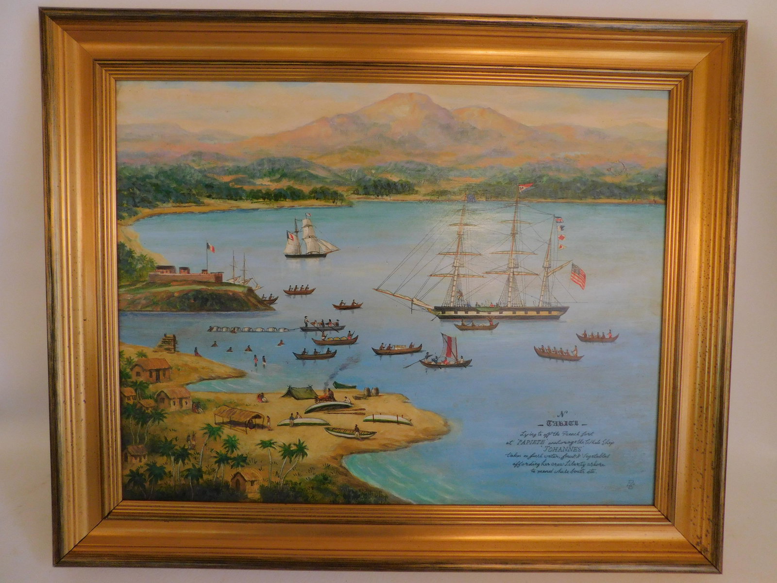 TAHITI WHALING SCENE PAINTING: 20th century oil painting on wood panel of a whaling fleet in Tahiti titled WHALE SHIP 'JOHANNES' AT ANCHORAGE BY FRENCH FORT PAPIETE. Initied PE (Pietr Ekstrom - label verso). 19.5 x 25 inches, famed