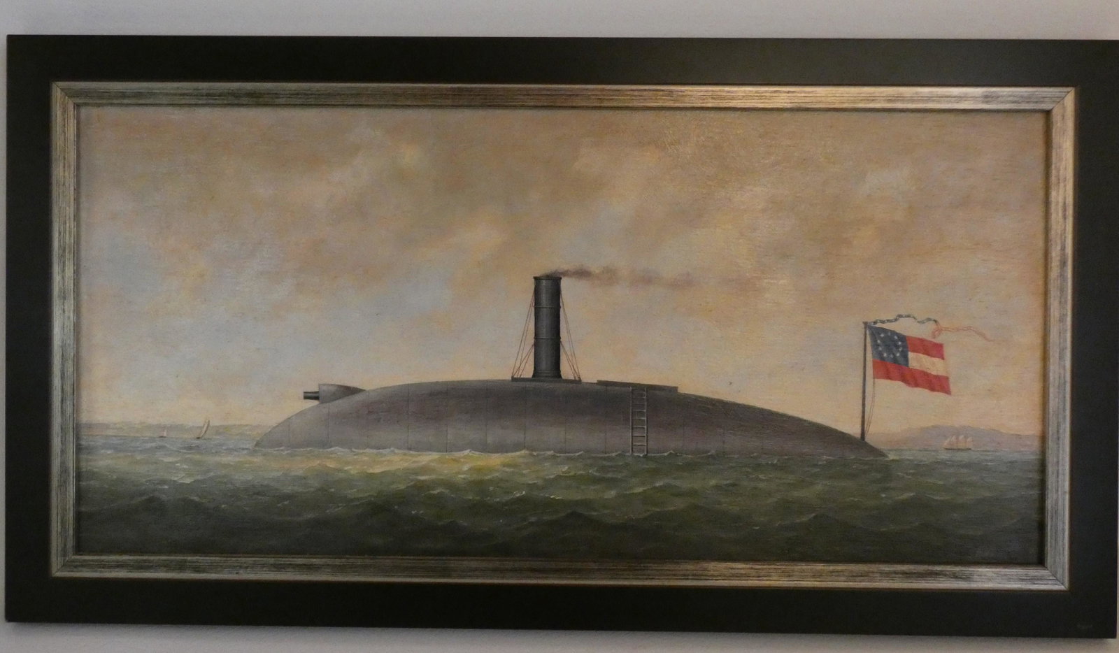 HW DAVIES CONFEDERATE SHIP PAINTING: 20th century oil painting on wood panel of a Confederate ironclad ship CSS MANASSAS (this boat was made as an icebreaker in Medford Mass.) flying Confederate flag signed H. Willard Davies 1907. 10 x 2