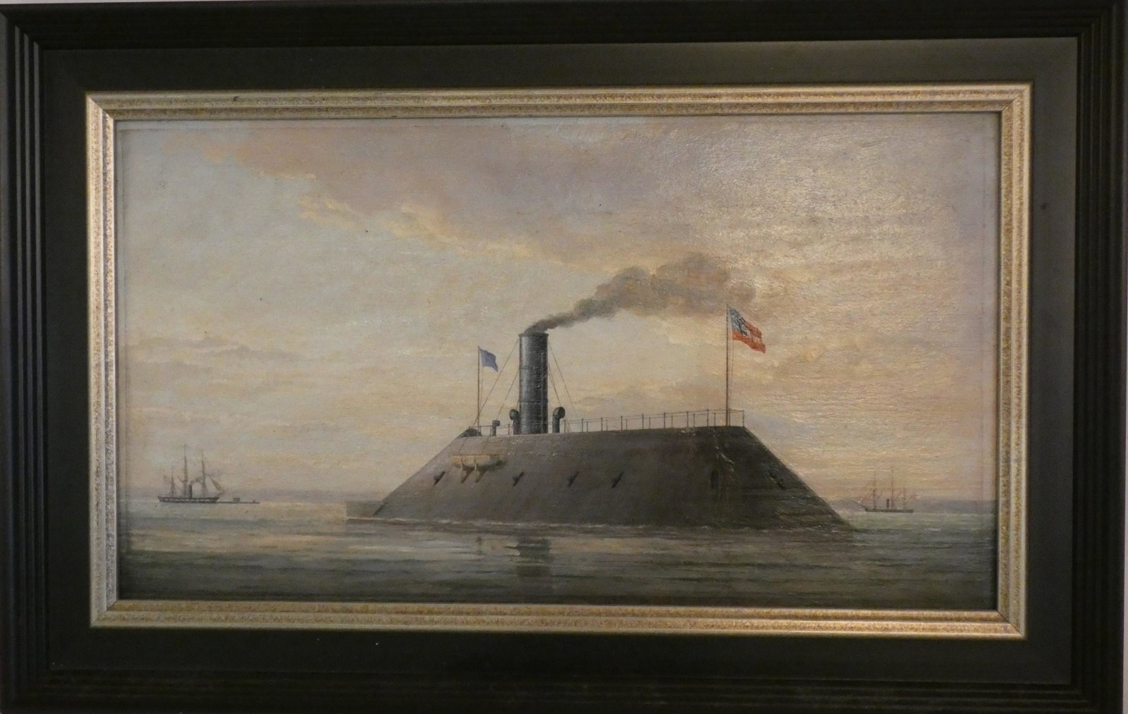 HW DAVIES CONFEDERATE IRONCLAD PAINTING: 20th century oil painting on wood panel of a Confederate ironclad ship signed HWD (H. Willard Davies). 9.5 x 17 inches, framed 13.5 x 20.5