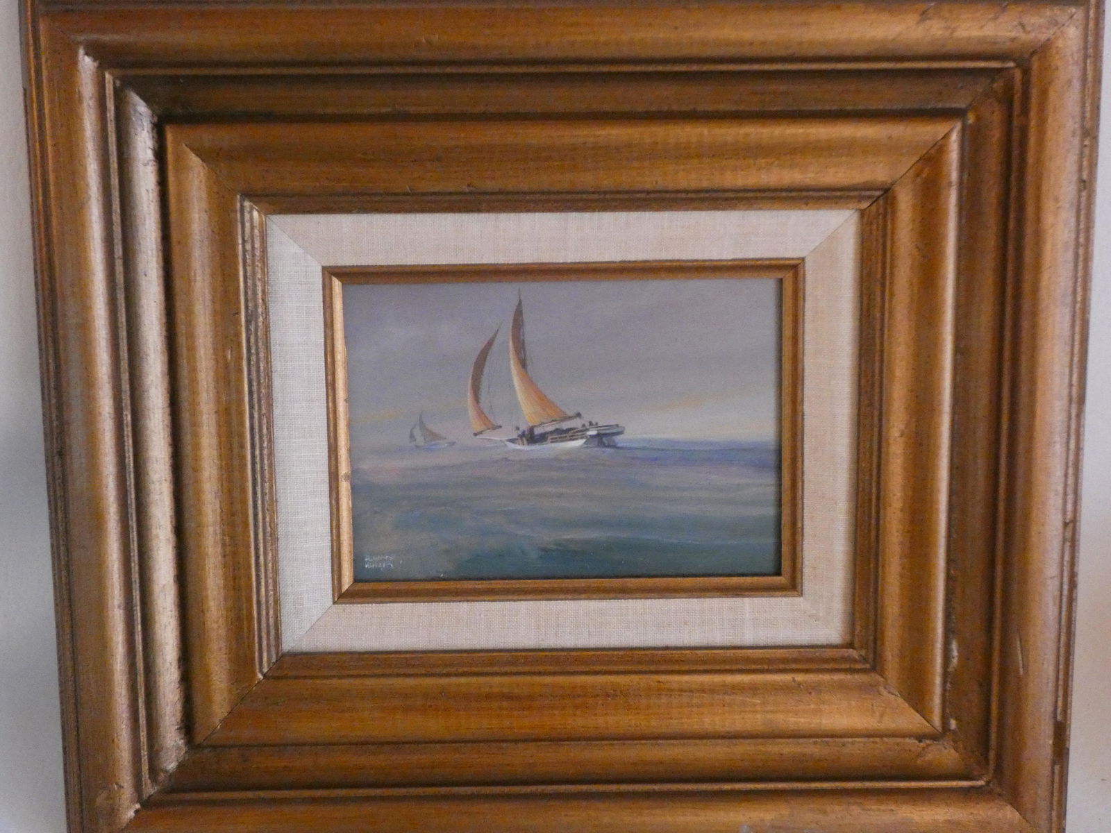 RICHARD MCNAIR PAINTING YACHTS: 20th century oil painting on masonite of 2 yachts signed Richard McNair. 5 x 7 inches, framed 13 x 15.