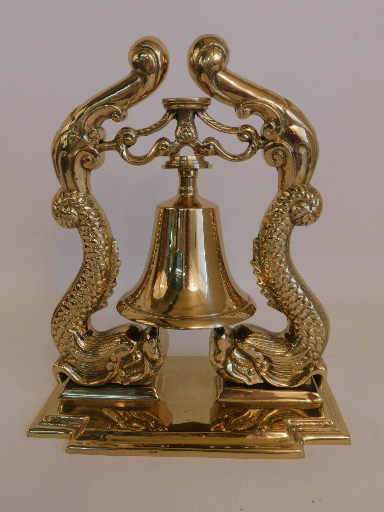 BRASS NAUTICAL BELL - DOLPHINS: Vintage, heavy solid brass double dolphin ships deck bell. 12 x 10 inches.
