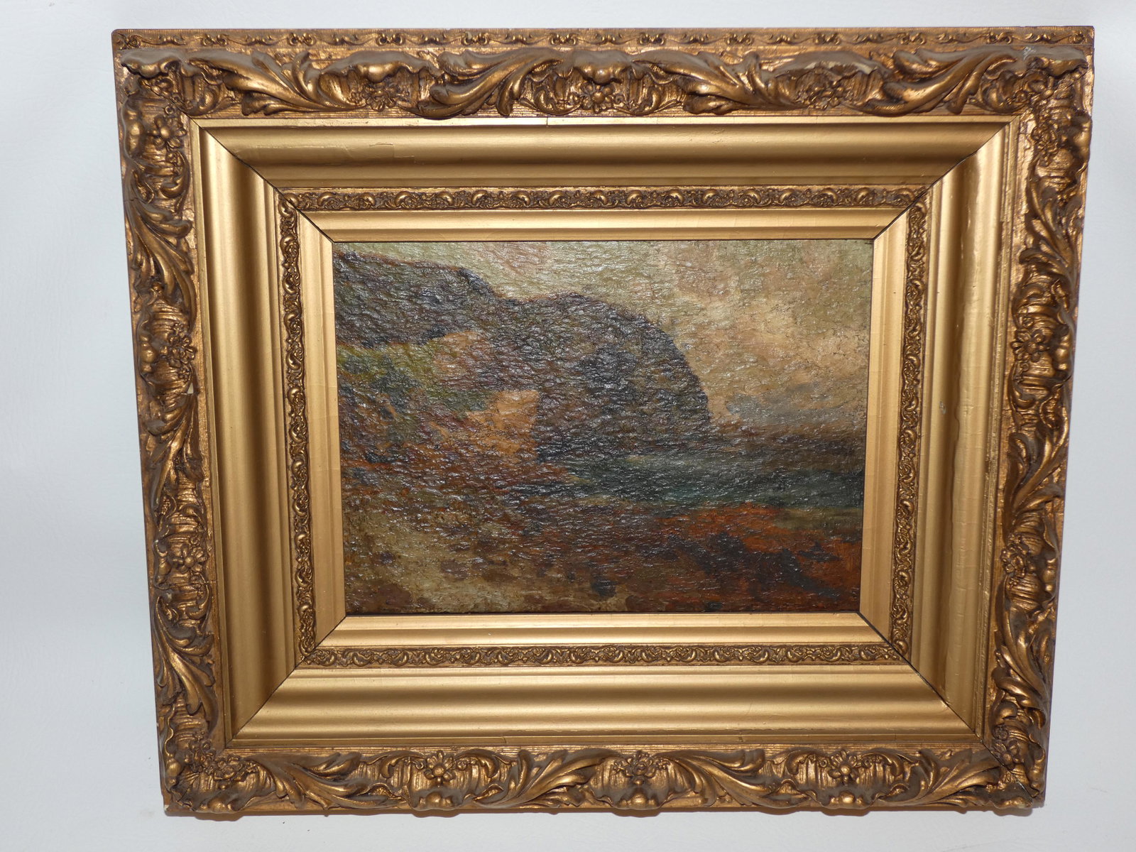 ANTIQUE SHORELINE PAINTING: Antique impressionist oil painting on thick wood panel of a shoreline, unsigned. 9.5 x 13.5, framed 19 x 22 inches.