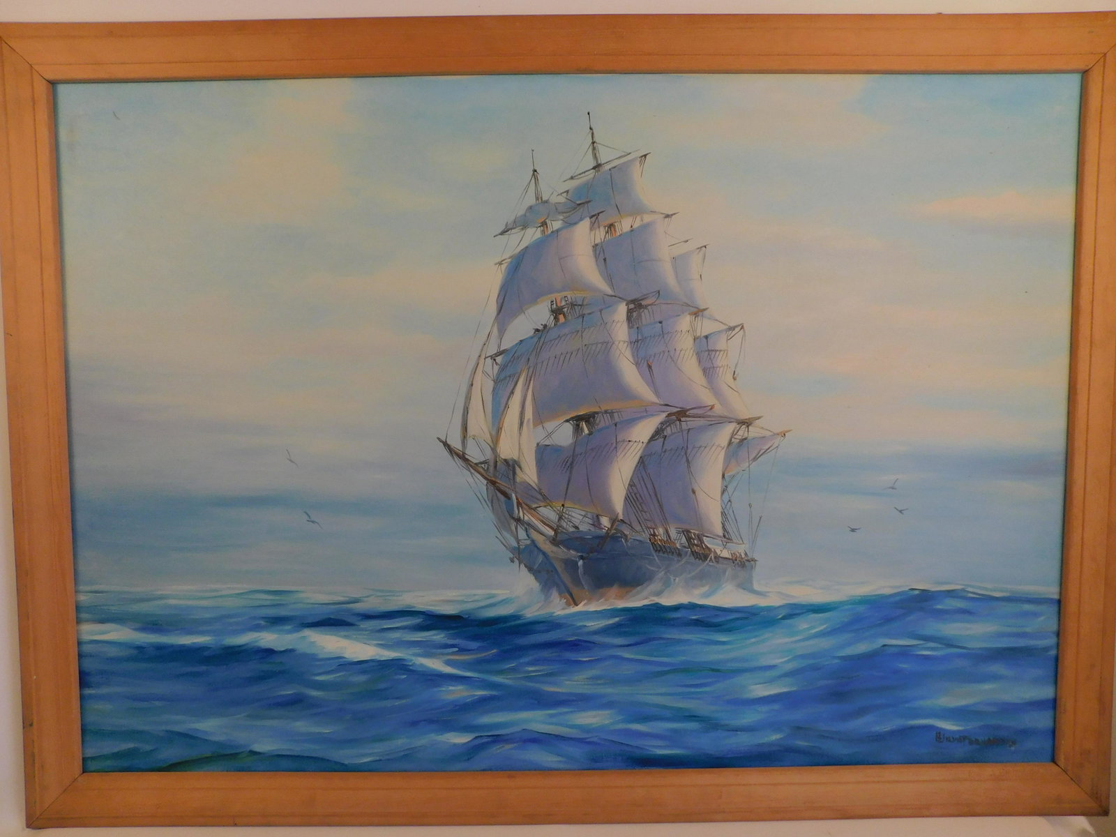 SYLVA FERNANDES SHIP PAINTING: Large vintage oil on canvas of a clipper ship on open seas signed H. Sylva Fernandes. 33 x 48 inches, framed 37 x 52.
