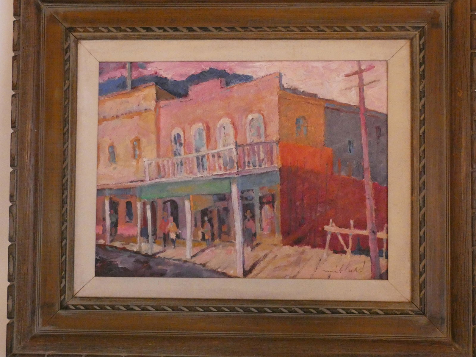 DAVID L. MILLARD PAINTING NEVADA: Oil painting on board depicting a western town signed David Lyle Millard and titled verso VIRGINIA CITY, NEVADA. 12 x 16, framed 20 x 24 inches. (David Millard 1915-2002 was a MA painter).