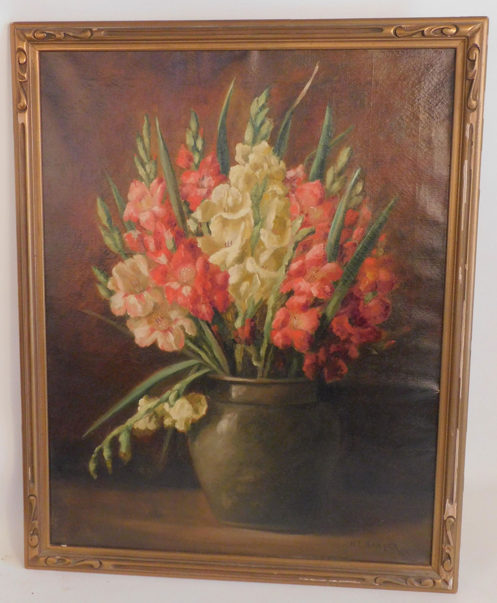 HL SANGER FLORAL PAINTING: Old oil still life painting on canvas of colorful gladiolas signed HL Sanger. 27.5 x 21.5, framed 31 x 24.5 inches. (Henry Leon Sanger 1892-1949 Mass. flower painter).