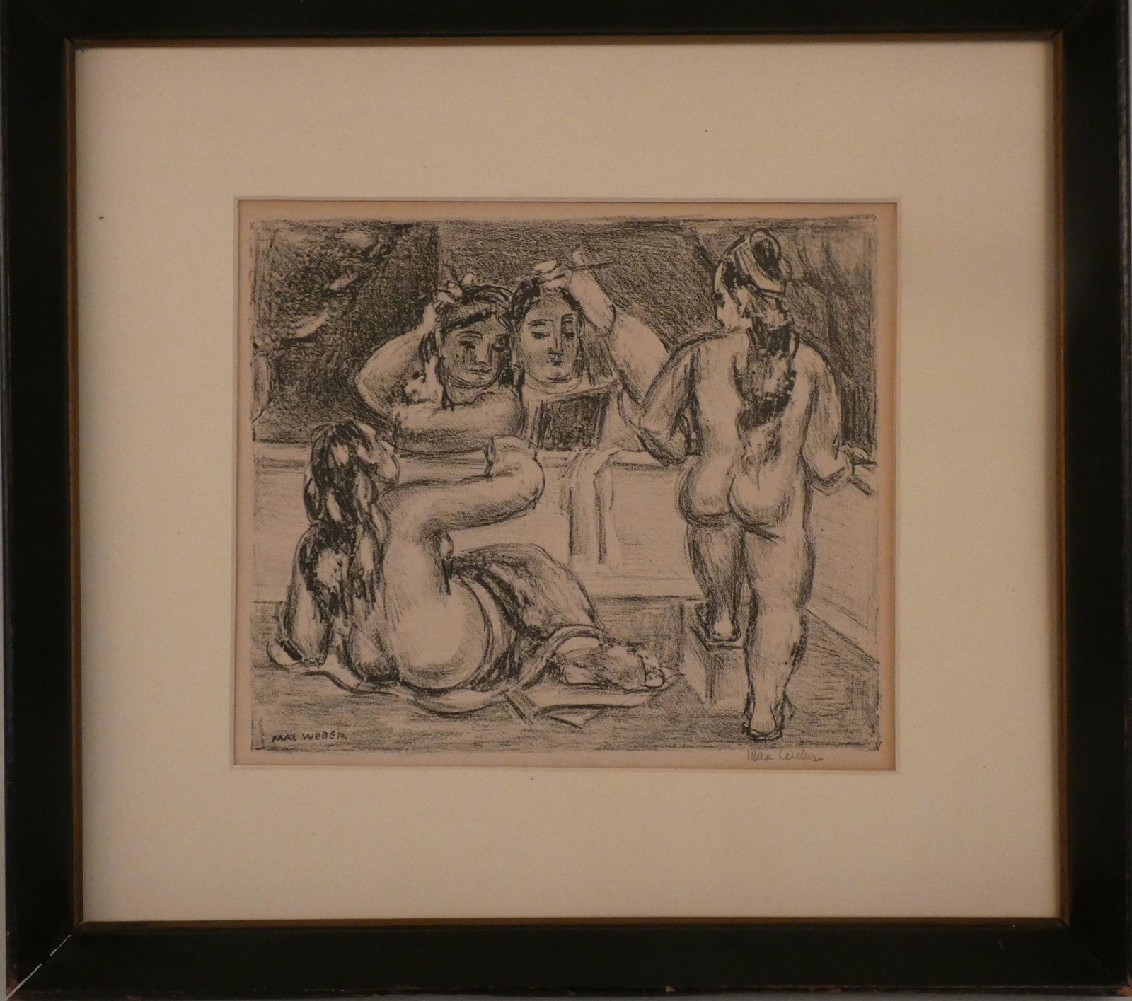 MAX WEBER PRINT NUDES: Original signed lithograph of 4 nude women signed Max Weber in plate and pencil. Image 7.5 x 9 inches, framed 13.25 x 14.5 inches. (Max Weber 1881-1961 Russia/NY artist. Weber was a key figure in intr