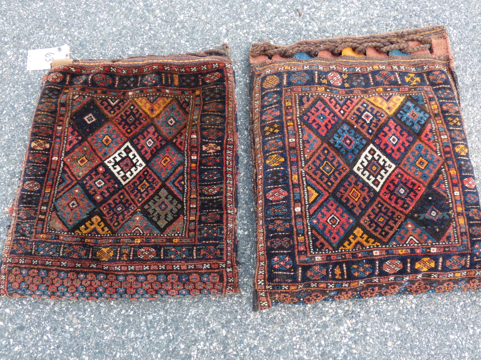 2 OLD BAGFACE PILLOWS: Lot of 2 old Turkish bagface pillows, good condition, about 27 x 23 inches.